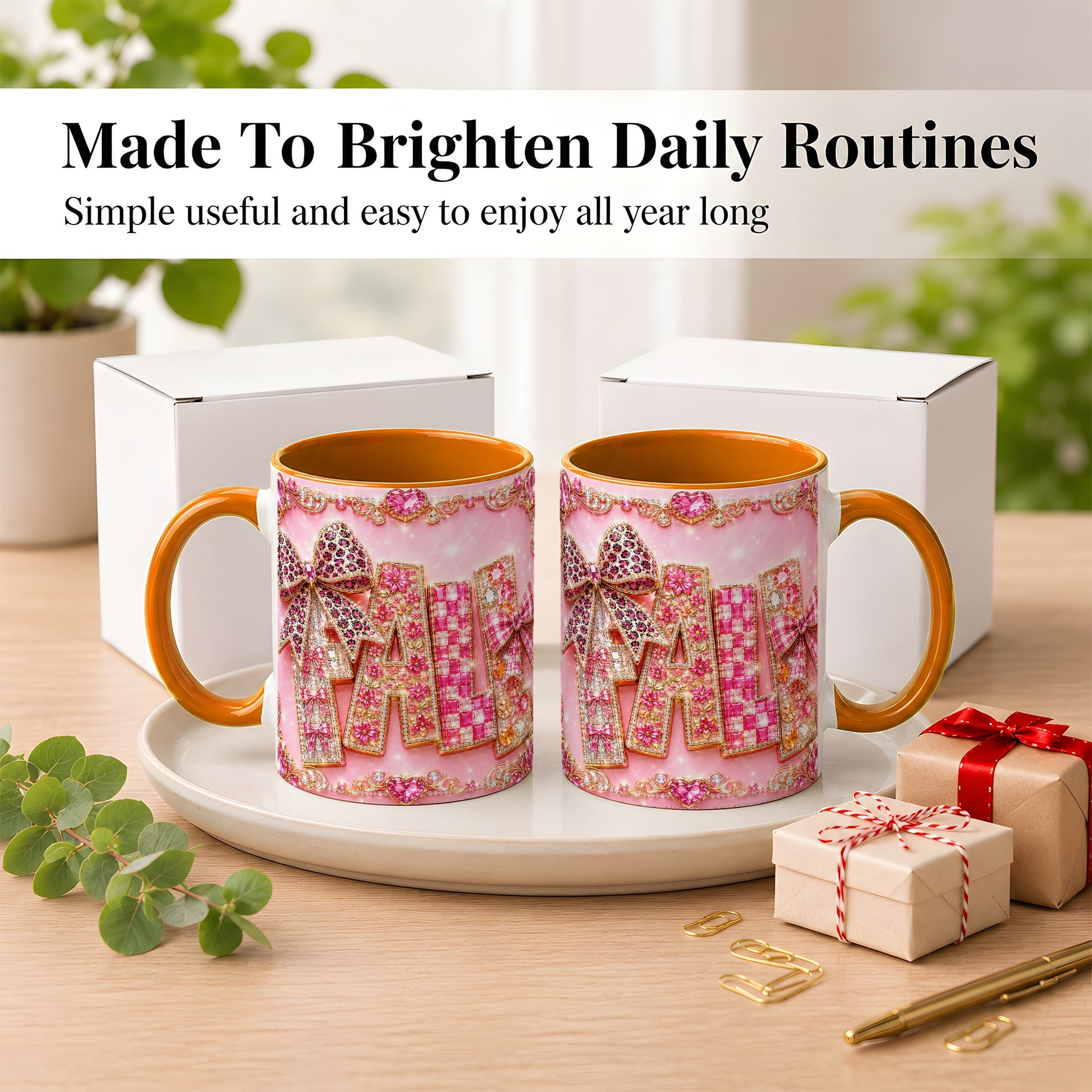 #pl[11oz|Orange] Pink Gemstone Fall Coffee Mug, Bow Autumn Mug, Ceramic Cup