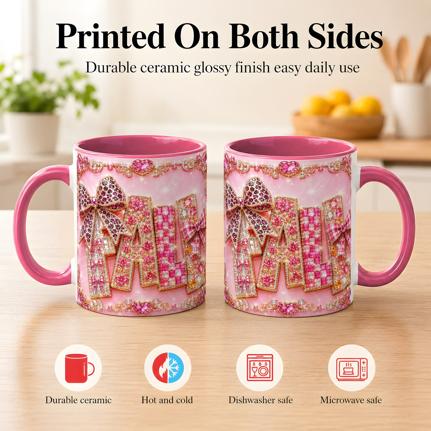 #pl[11oz|Pink] Pink Gemstone Fall Coffee Mug, Bow Autumn Mug, Ceramic Cup