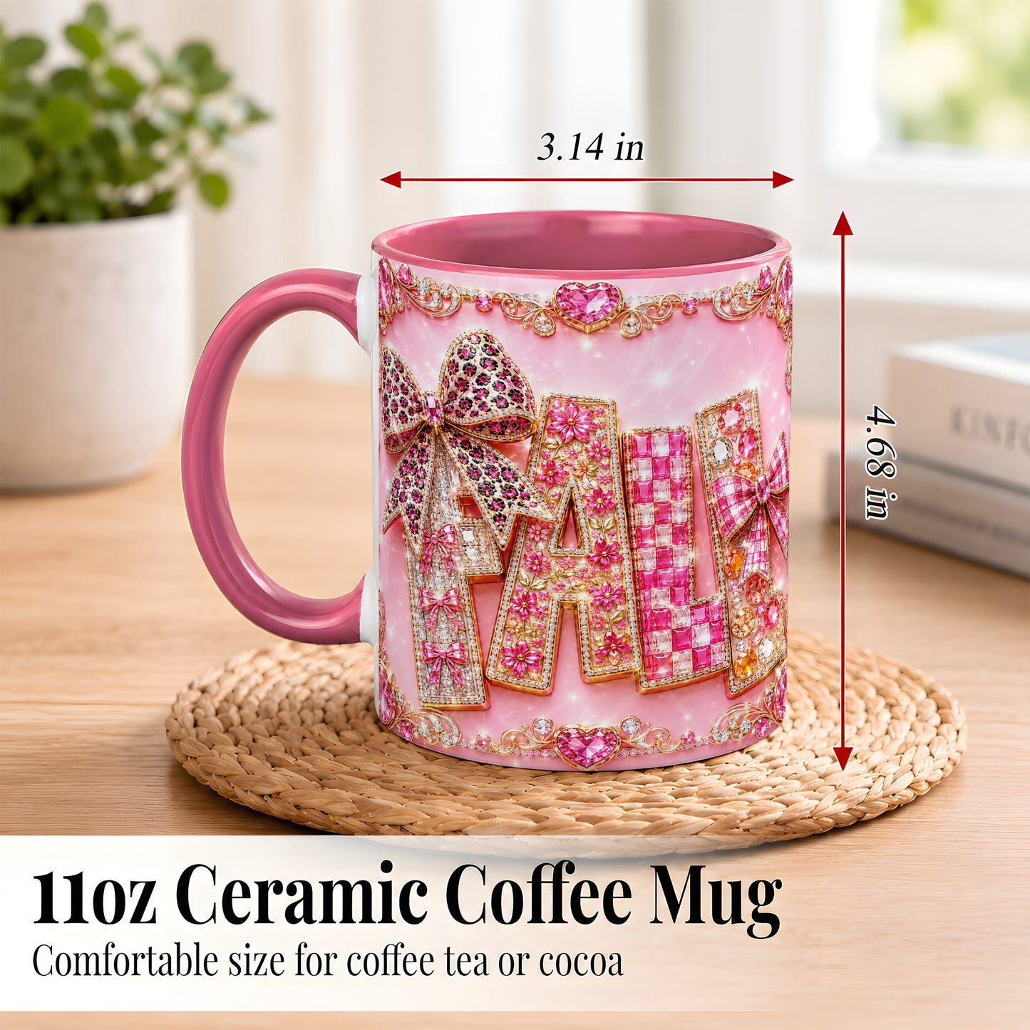 #pl[11oz|Pink] Pink Gemstone Fall Coffee Mug, Bow Autumn Mug, Ceramic Cup