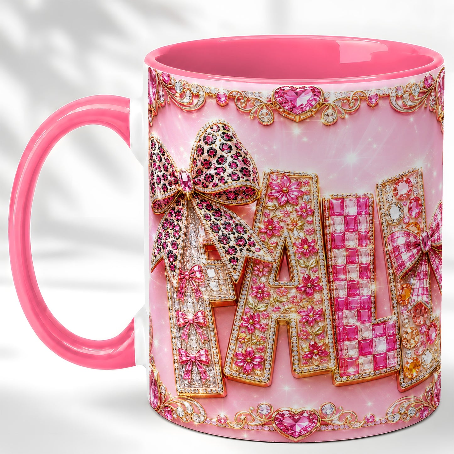 #pl[11oz|Pink] Pink Gemstone Fall Coffee Mug, Bow Autumn Mug, Ceramic Cup