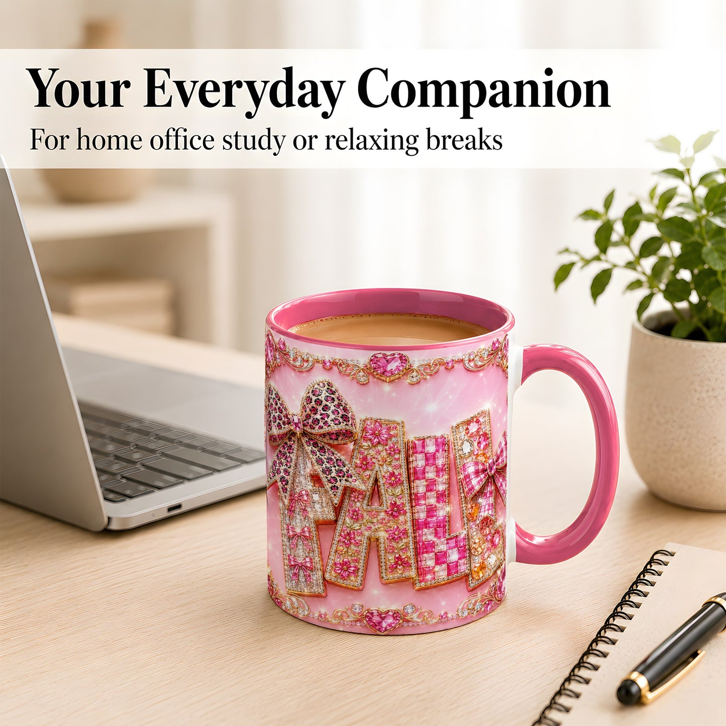 #pl[11oz|Pink] Pink Gemstone Fall Coffee Mug, Bow Autumn Mug, Ceramic Cup
