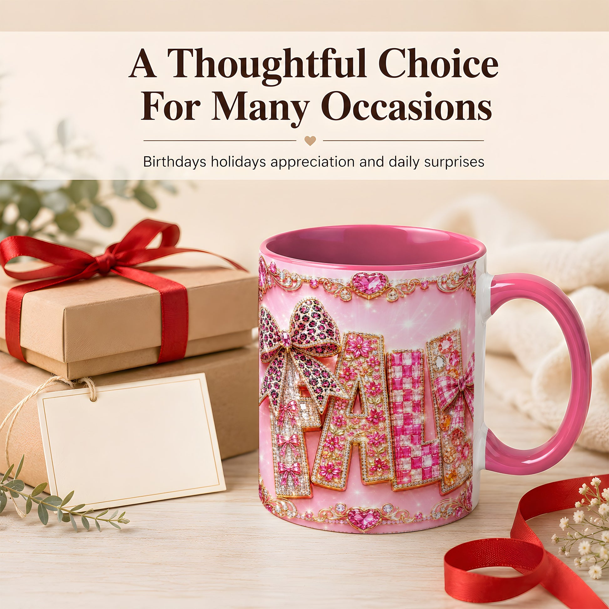 #pl[11oz|Pink] Pink Gemstone Fall Coffee Mug, Bow Autumn Mug, Ceramic Cup