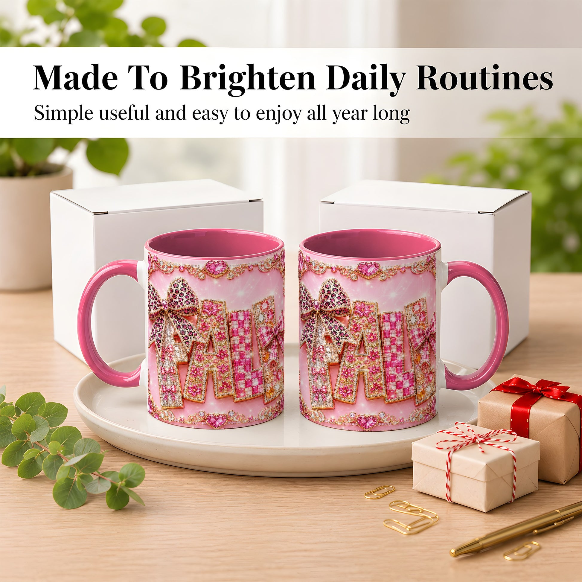 #pl[11oz|Pink] Pink Gemstone Fall Coffee Mug, Bow Autumn Mug, Ceramic Cup