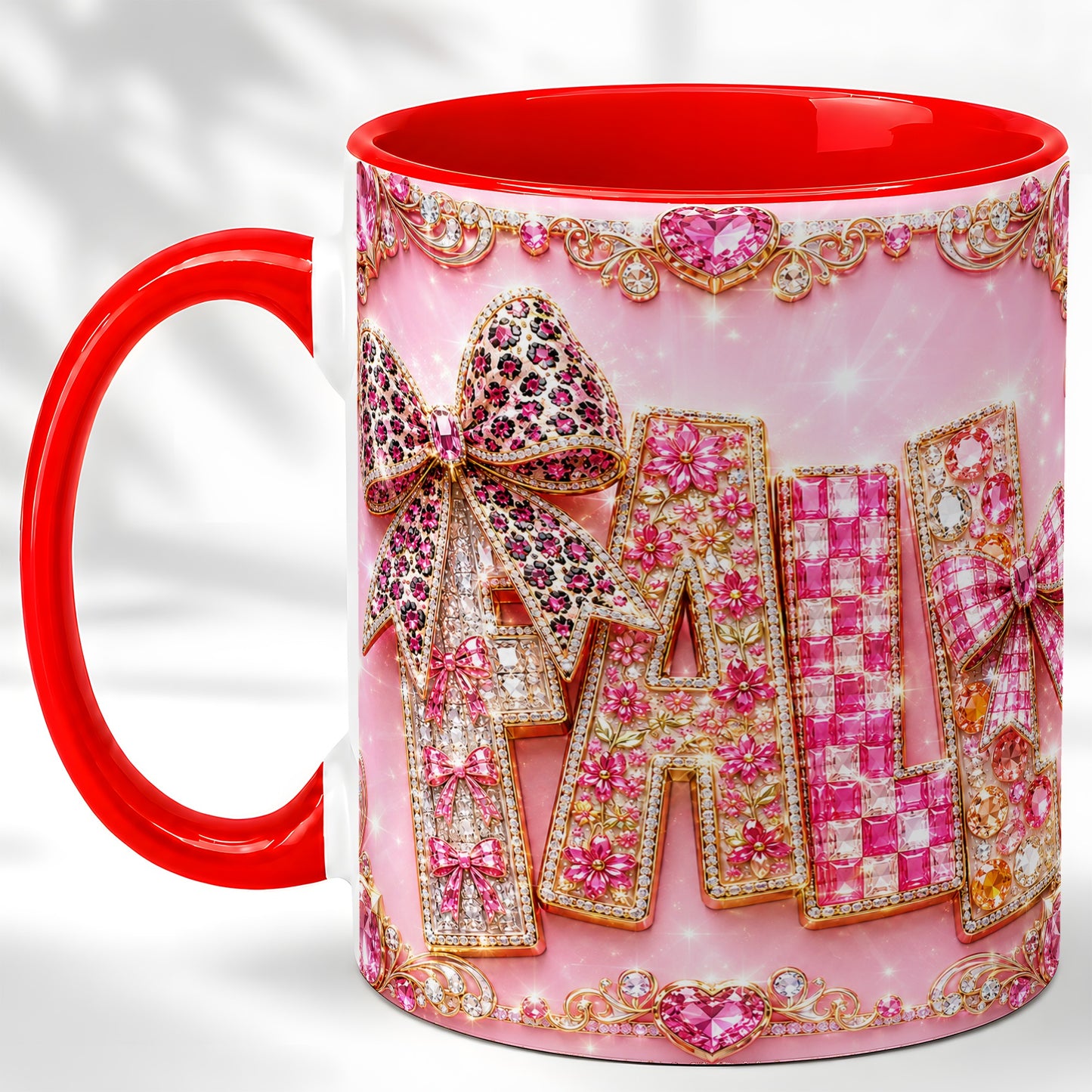 #pl[11oz|Red] Pink Gemstone Fall Coffee Mug, Bow Autumn Mug, Ceramic Cup