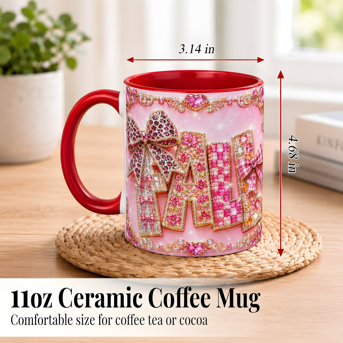 #pl[11oz|Red] Pink Gemstone Fall Coffee Mug, Bow Autumn Mug, Ceramic Cup