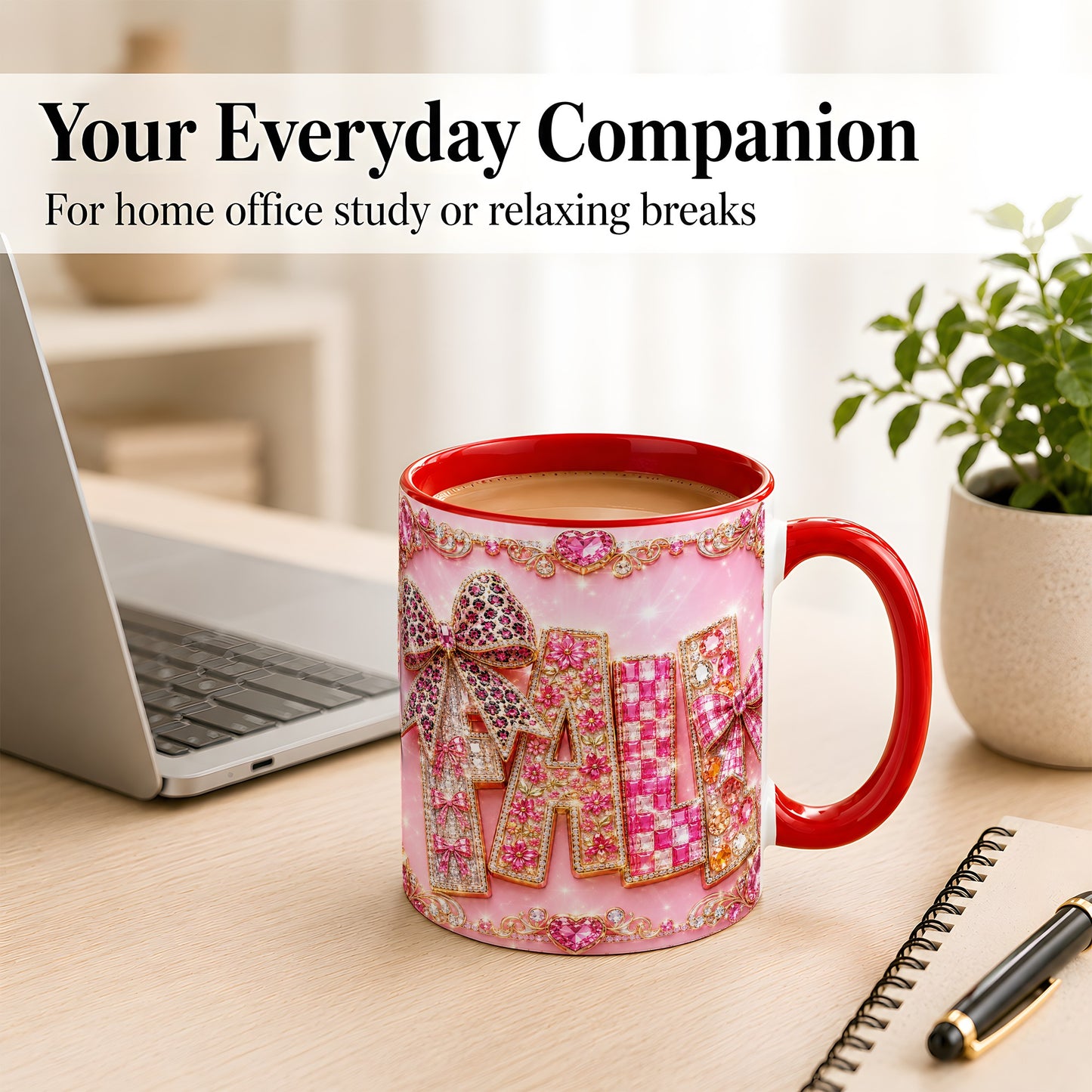#pl[11oz|Red] Pink Gemstone Fall Coffee Mug, Bow Autumn Mug, Ceramic Cup