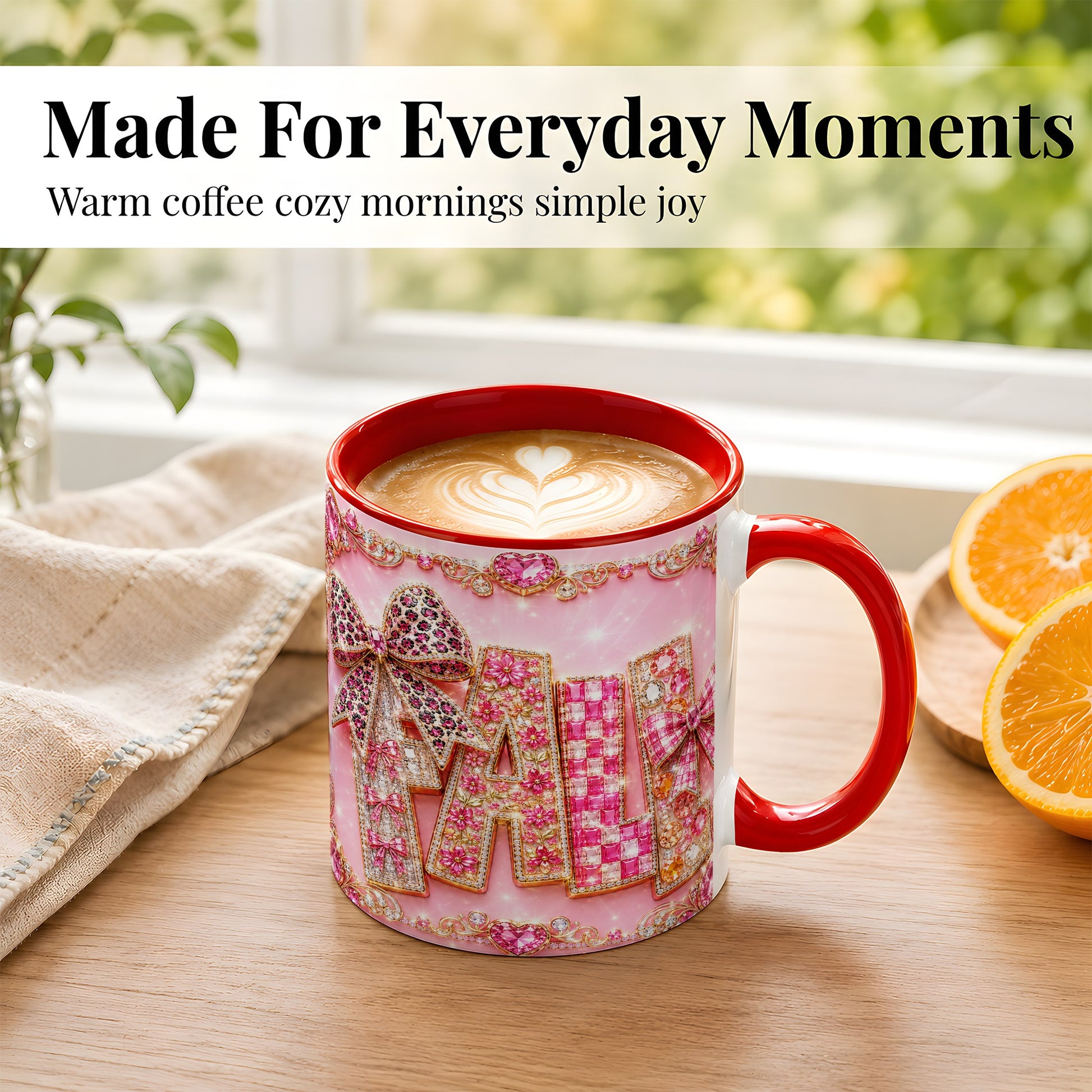 #pl[11oz|Red] Pink Gemstone Fall Coffee Mug, Bow Autumn Mug, Ceramic Cup