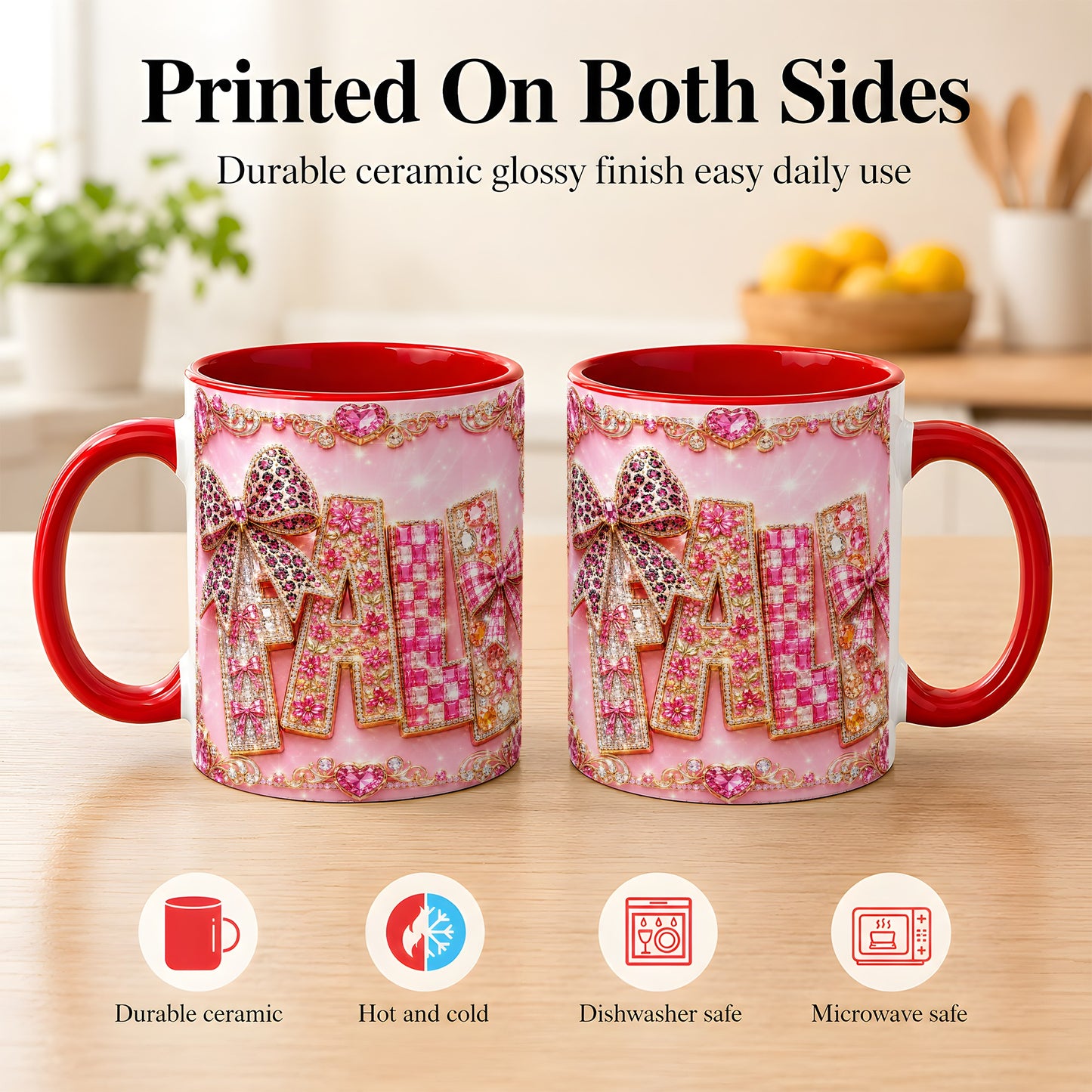 #pl[11oz|Red] Pink Gemstone Fall Coffee Mug, Bow Autumn Mug, Ceramic Cup