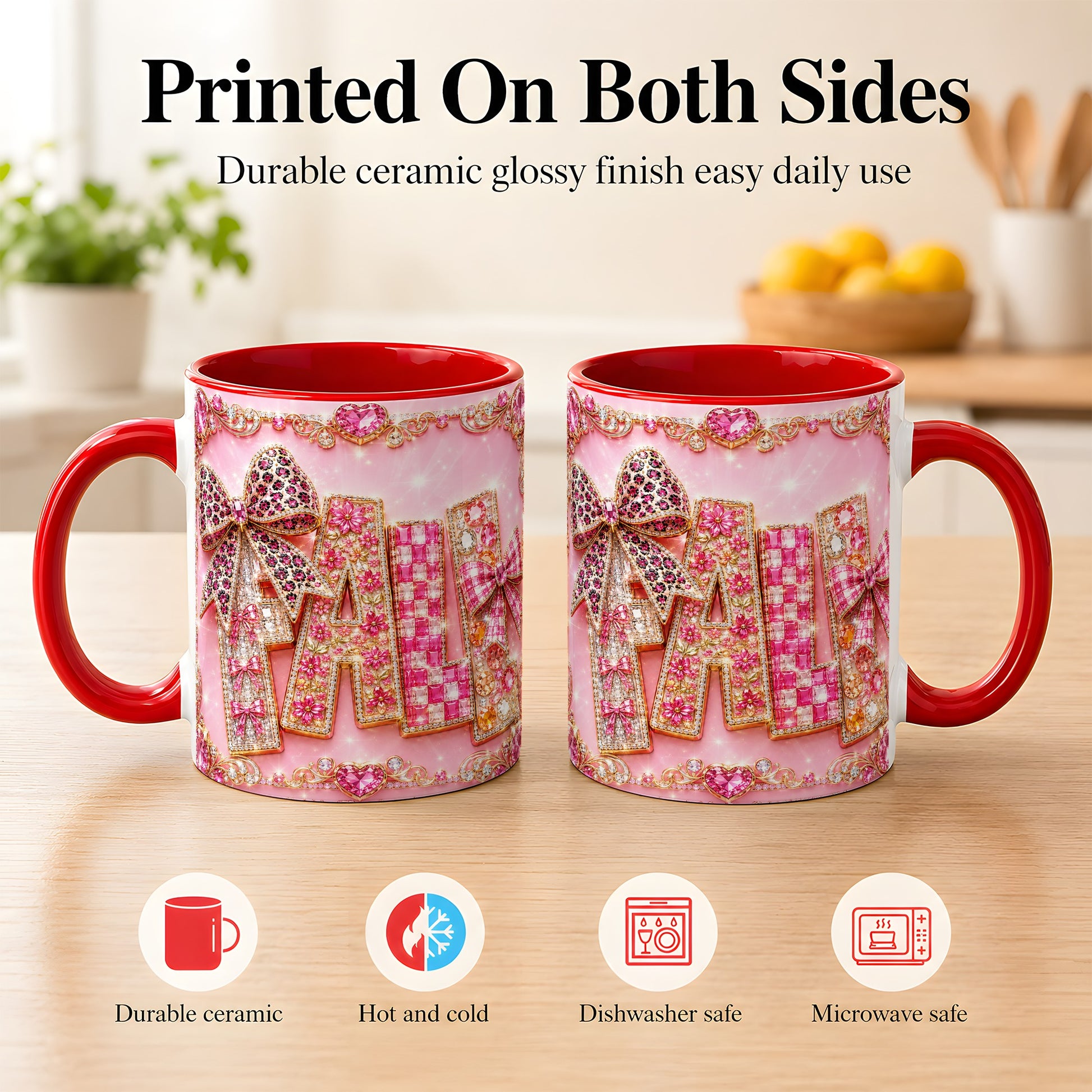 #pl[11oz|Red] Pink Gemstone Fall Coffee Mug, Bow Autumn Mug, Ceramic Cup