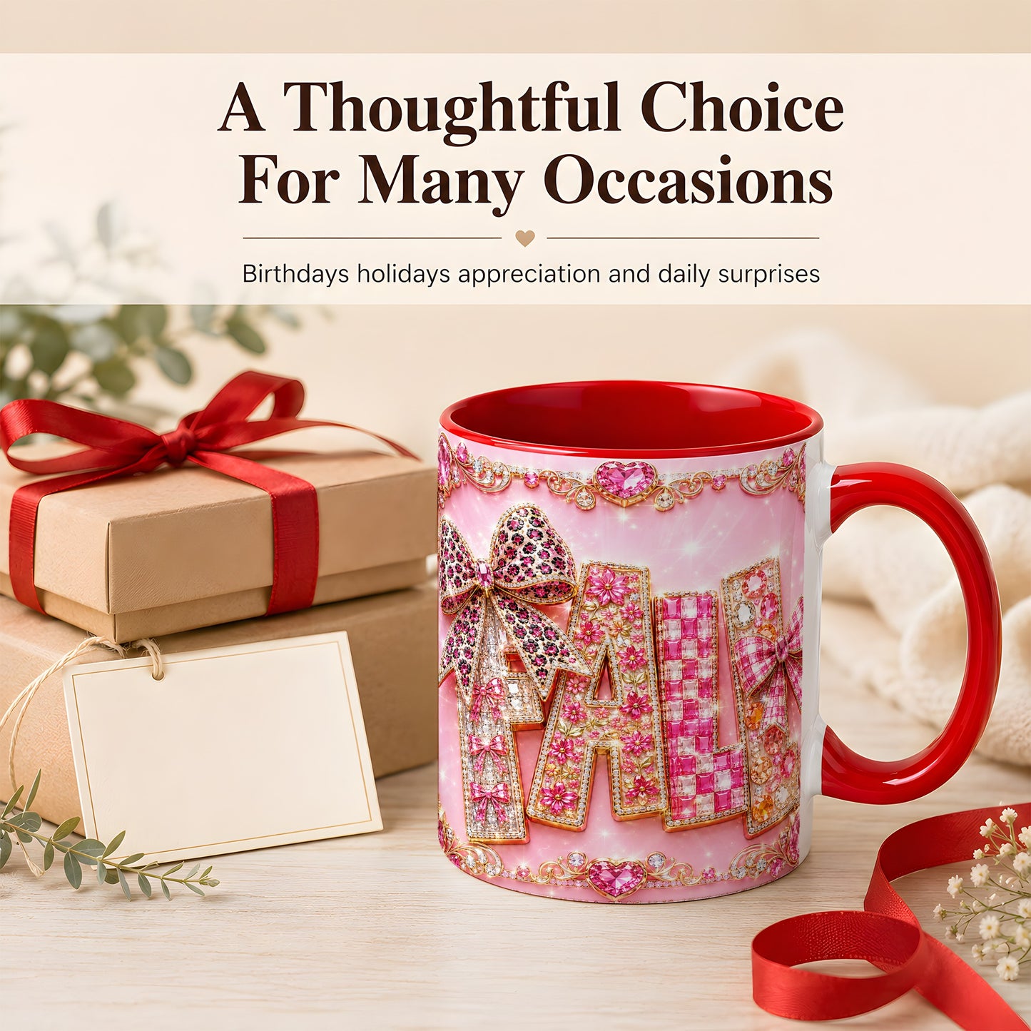 #pl[11oz|Red] Pink Gemstone Fall Coffee Mug, Bow Autumn Mug, Ceramic Cup
