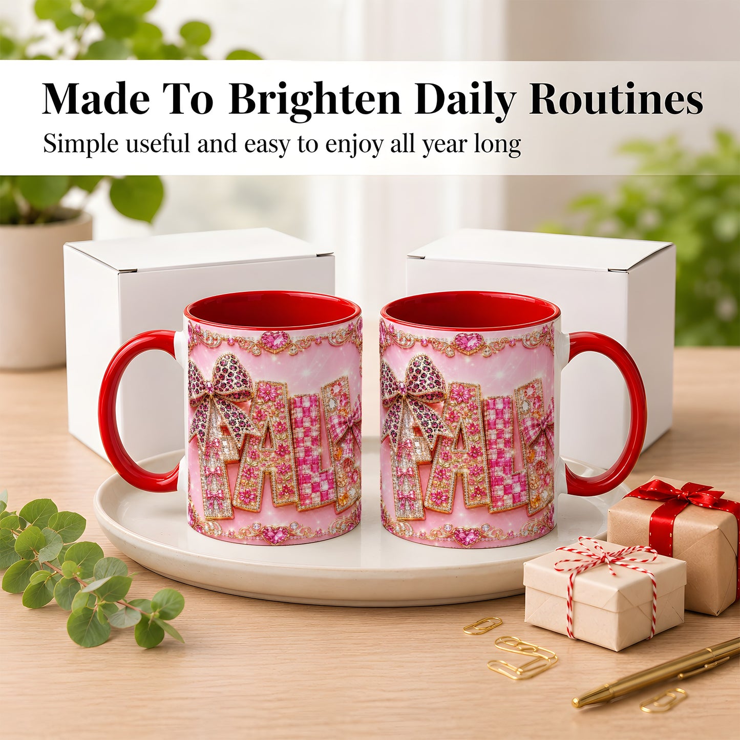 #pl[11oz|Red] Pink Gemstone Fall Coffee Mug, Bow Autumn Mug, Ceramic Cup