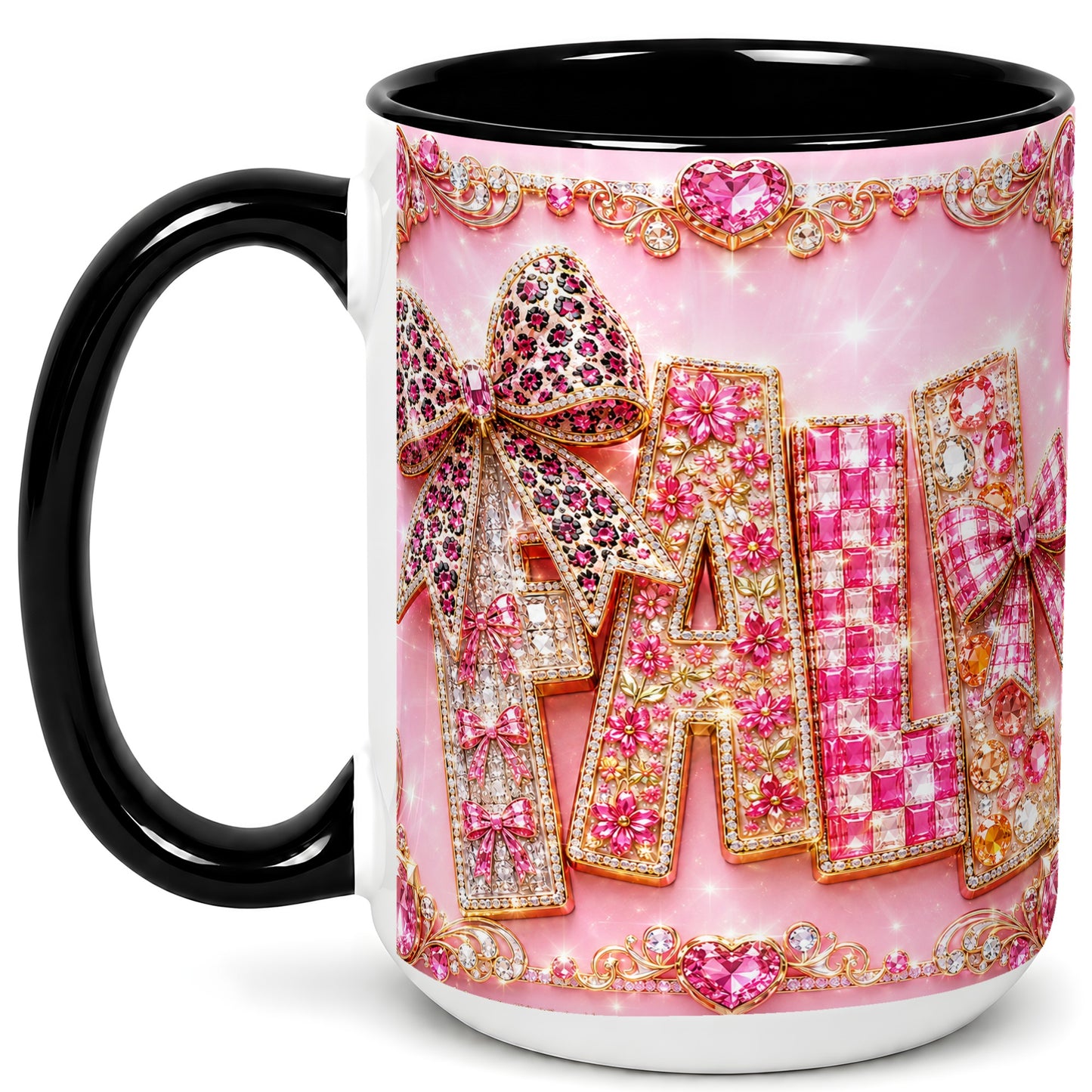 #pl[15oz|Black] Pink Gemstone Fall Coffee Mug, Bow Autumn Mug, Ceramic Cup