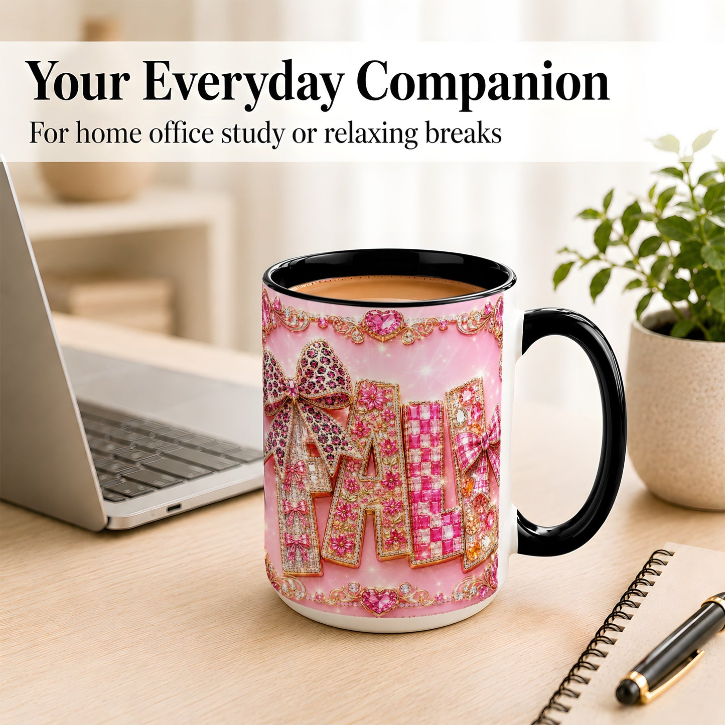 #pl[15oz|Black] Pink Gemstone Fall Coffee Mug, Bow Autumn Mug, Ceramic Cup