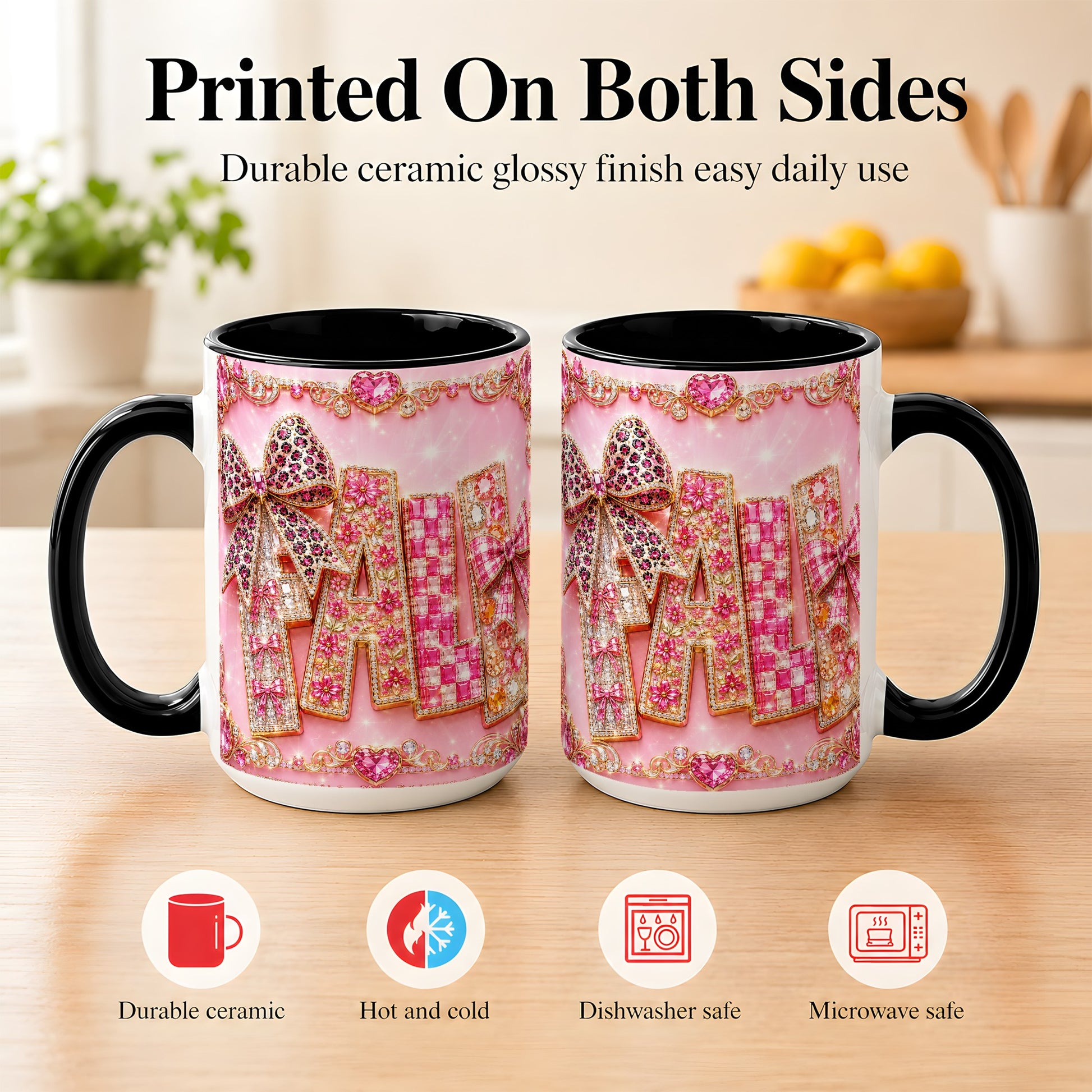 #pl[15oz|Black] Pink Gemstone Fall Coffee Mug, Bow Autumn Mug, Ceramic Cup