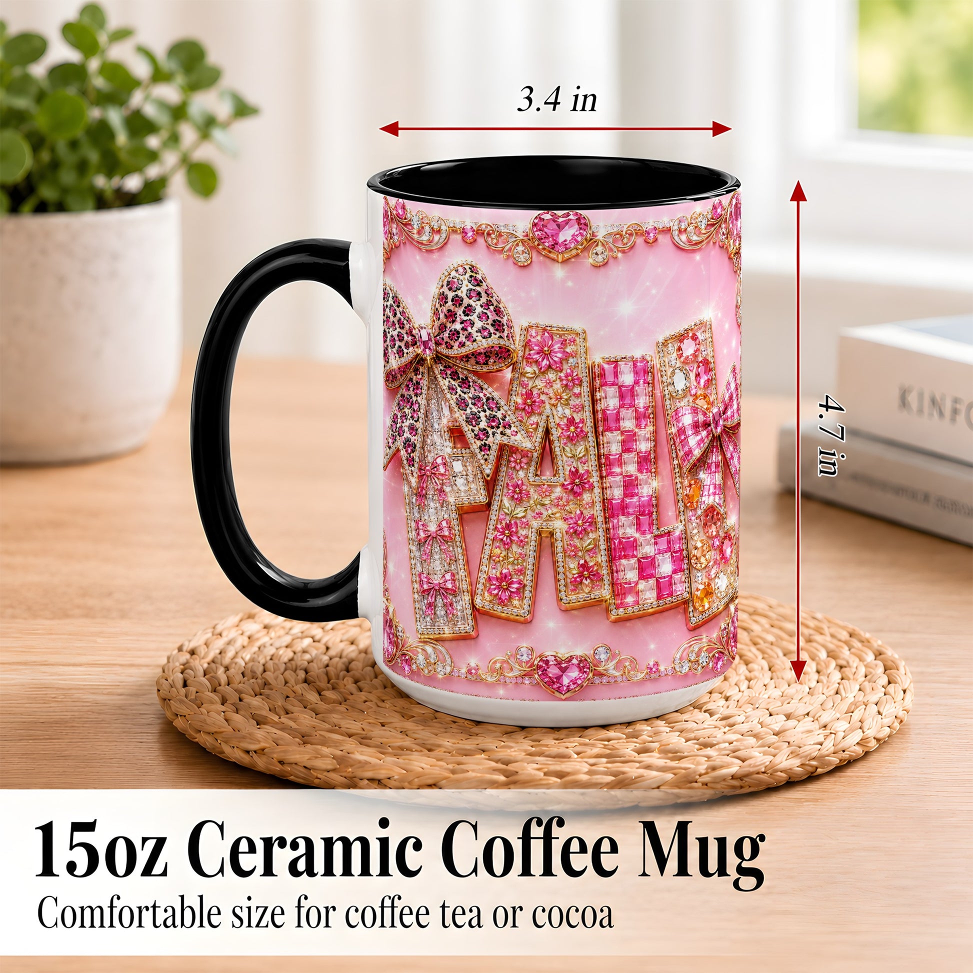 #pl[15oz|Black] Pink Gemstone Fall Coffee Mug, Bow Autumn Mug, Ceramic Cup