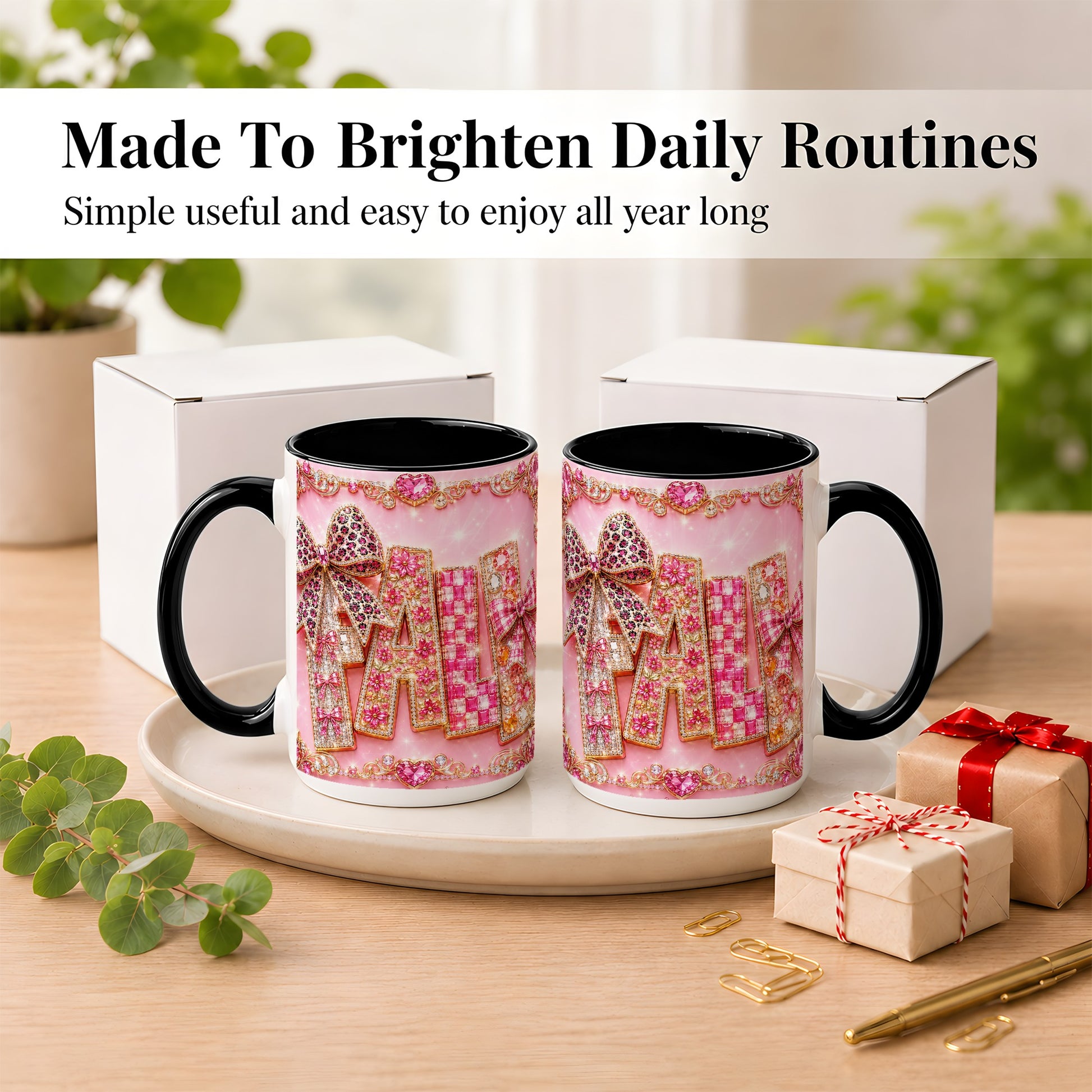 #pl[15oz|Black] Pink Gemstone Fall Coffee Mug, Bow Autumn Mug, Ceramic Cup