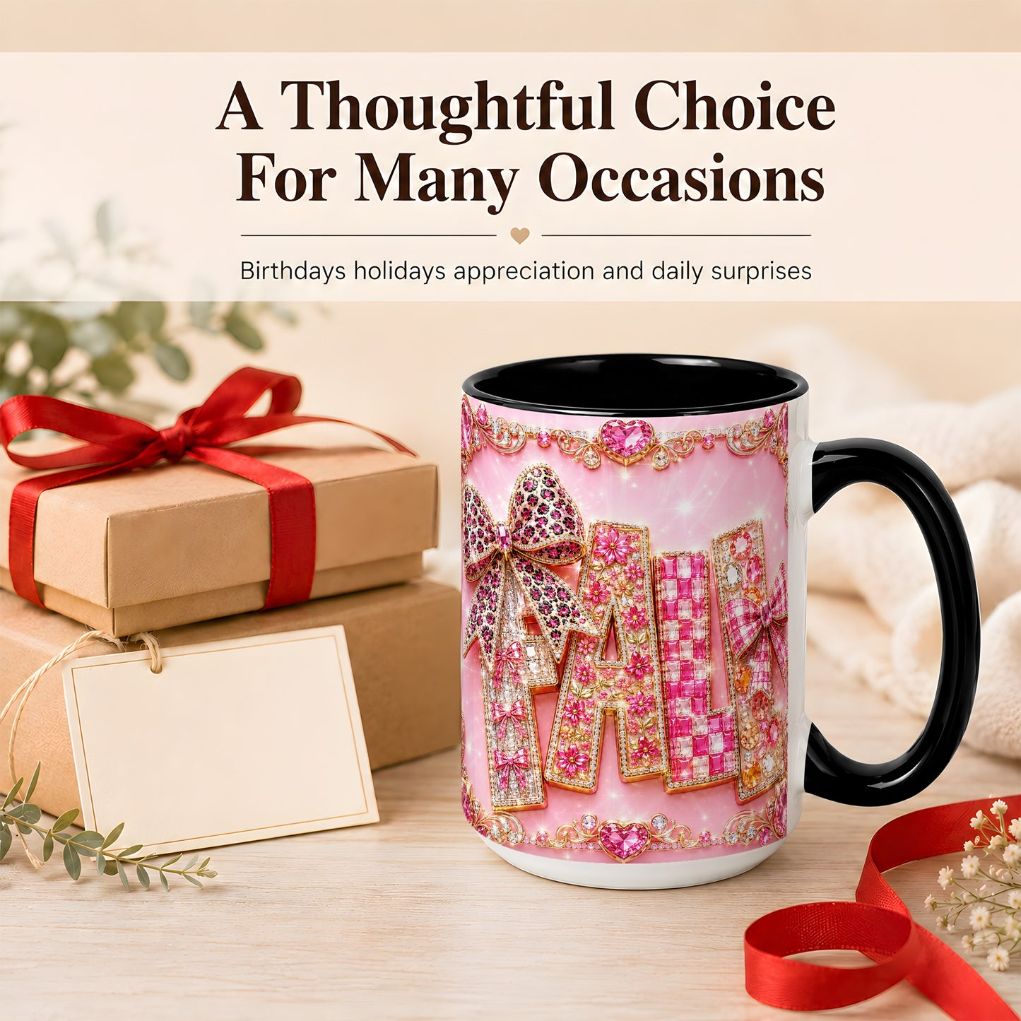 #pl[15oz|Black] Pink Gemstone Fall Coffee Mug, Bow Autumn Mug, Ceramic Cup