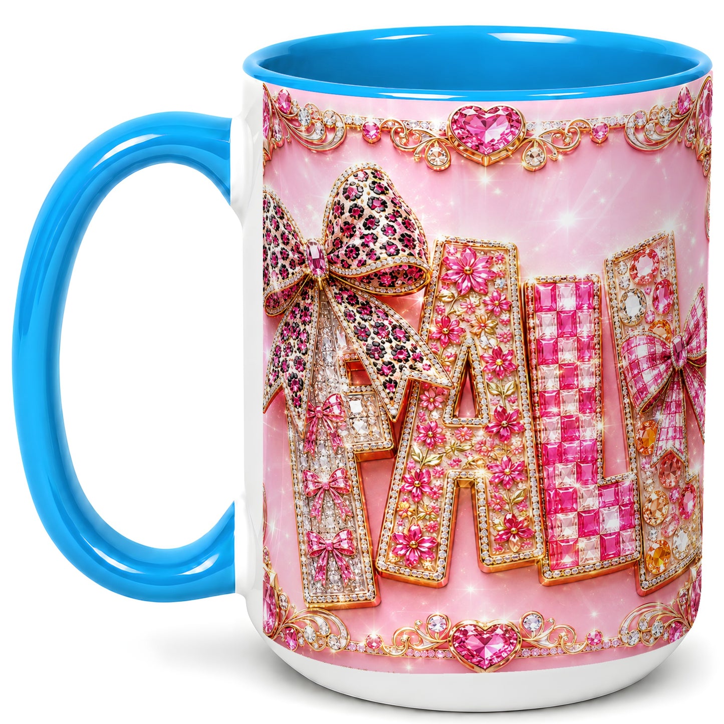 #pl[15oz|Blue] Pink Gemstone Fall Coffee Mug, Bow Autumn Mug, Ceramic Cup