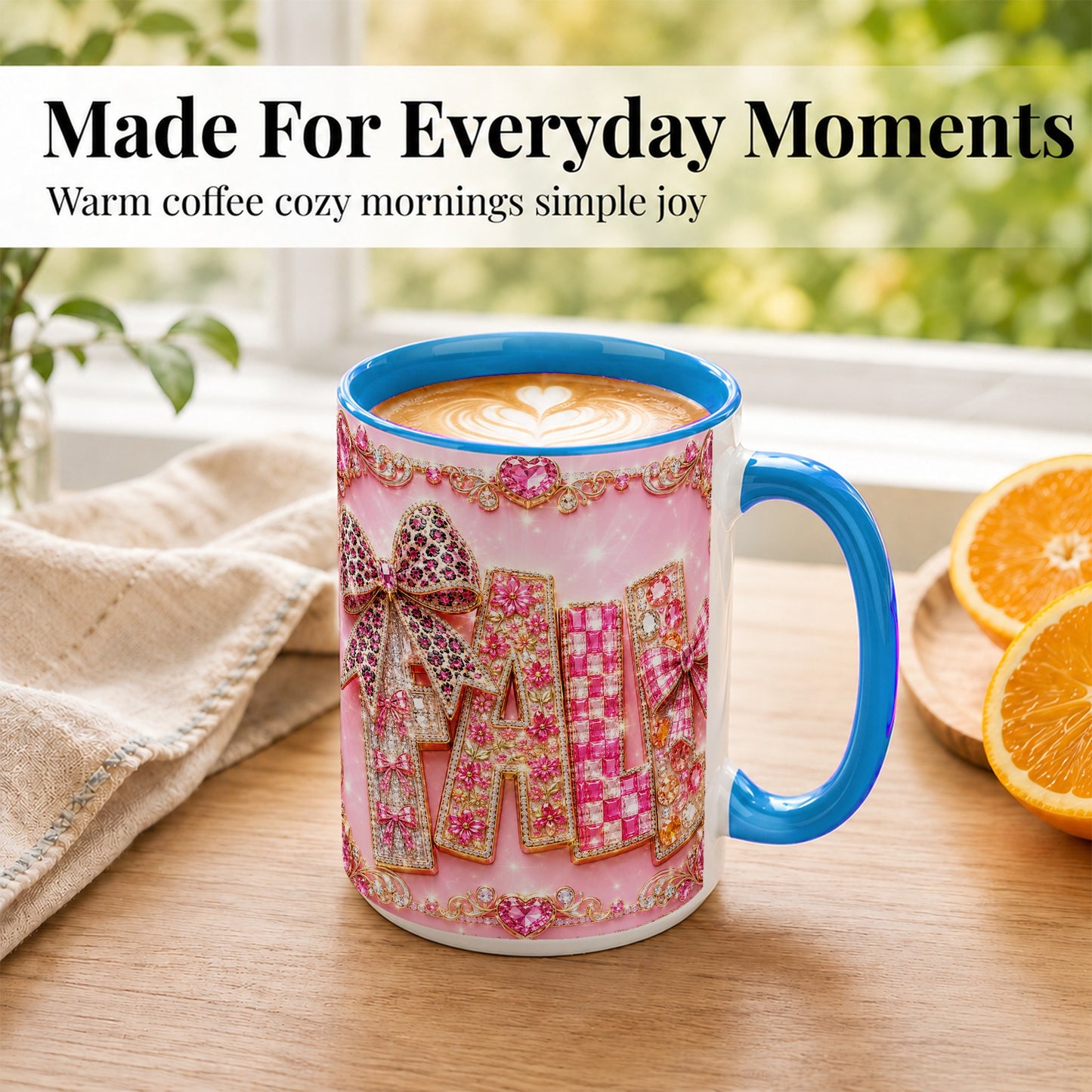 #pl[15oz|Blue] Pink Gemstone Fall Coffee Mug, Bow Autumn Mug, Ceramic Cup