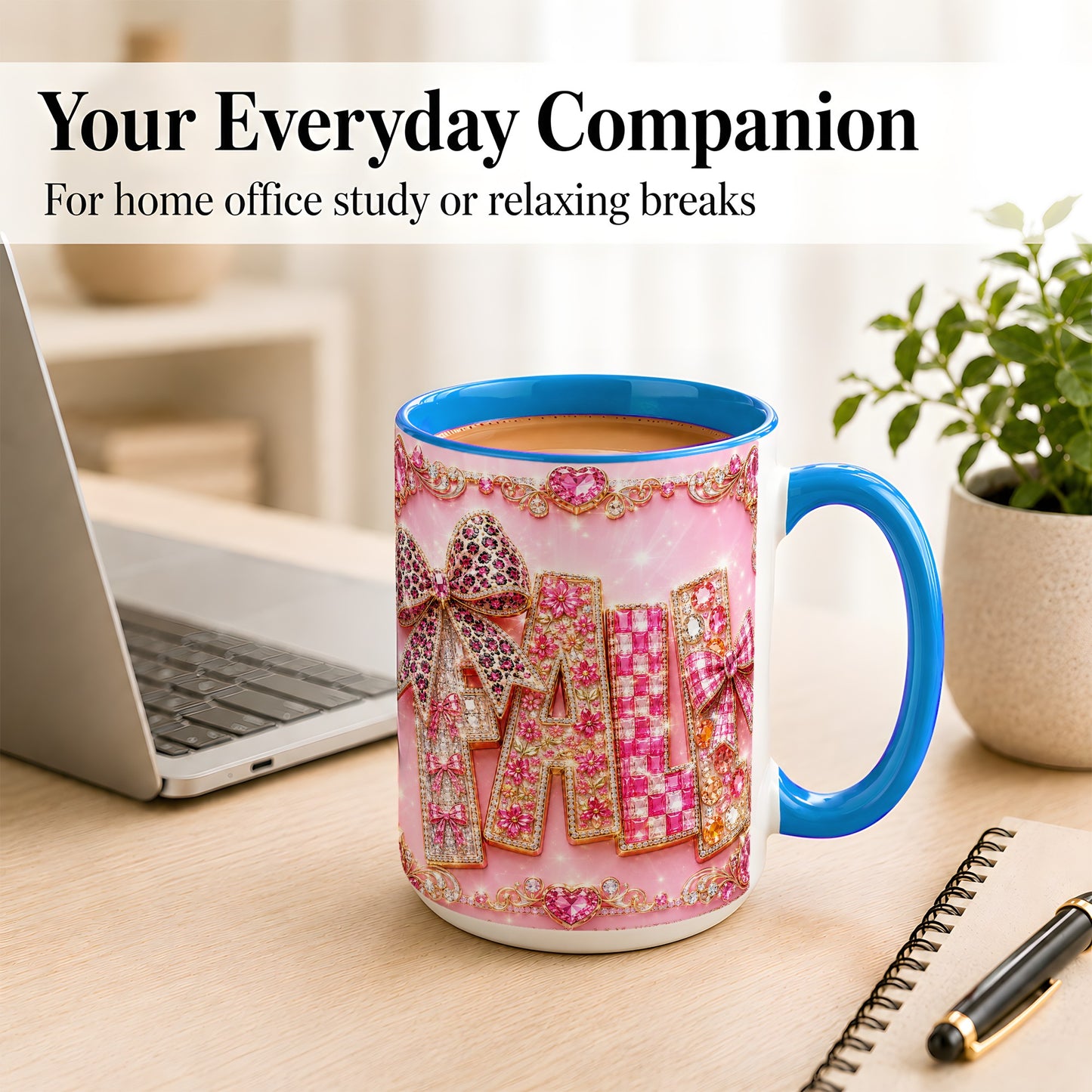 #pl[15oz|Blue] Pink Gemstone Fall Coffee Mug, Bow Autumn Mug, Ceramic Cup