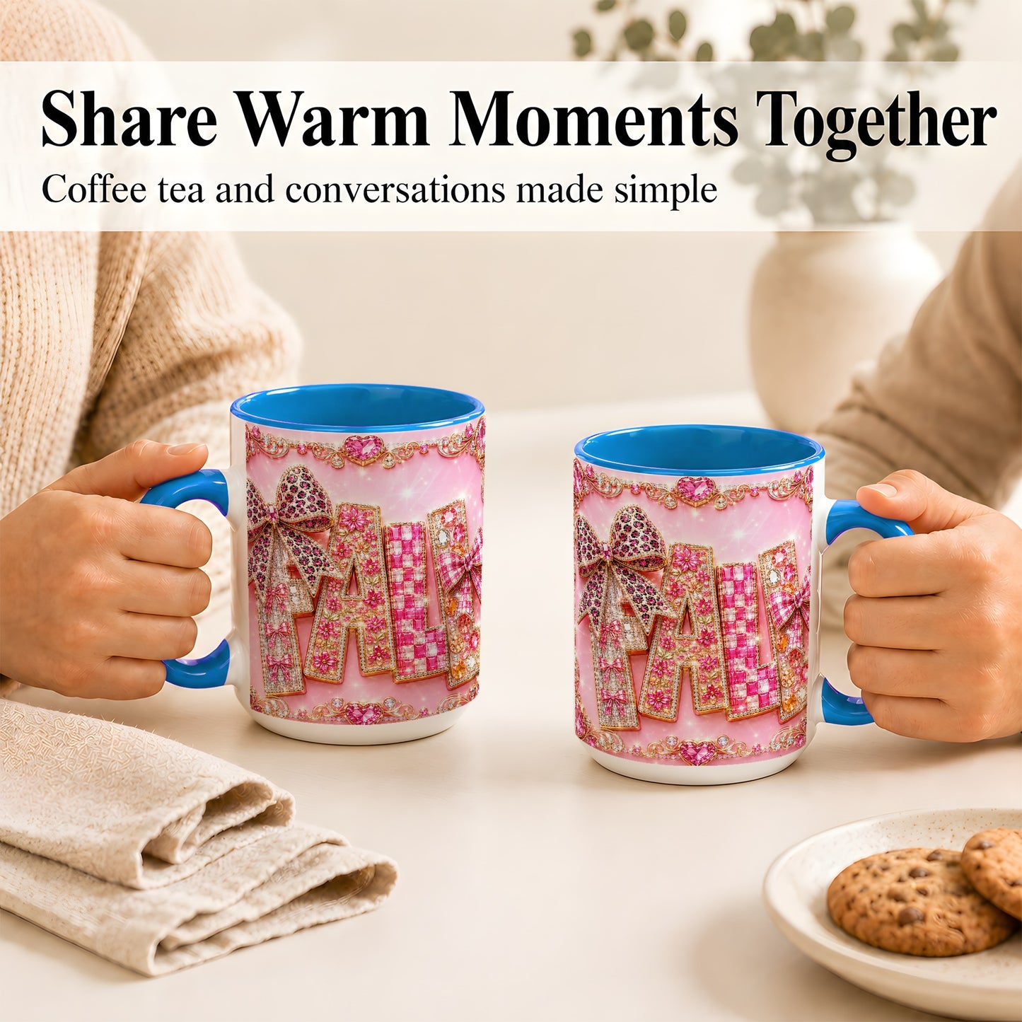 #pl[15oz|Blue] Pink Gemstone Fall Coffee Mug, Bow Autumn Mug, Ceramic Cup