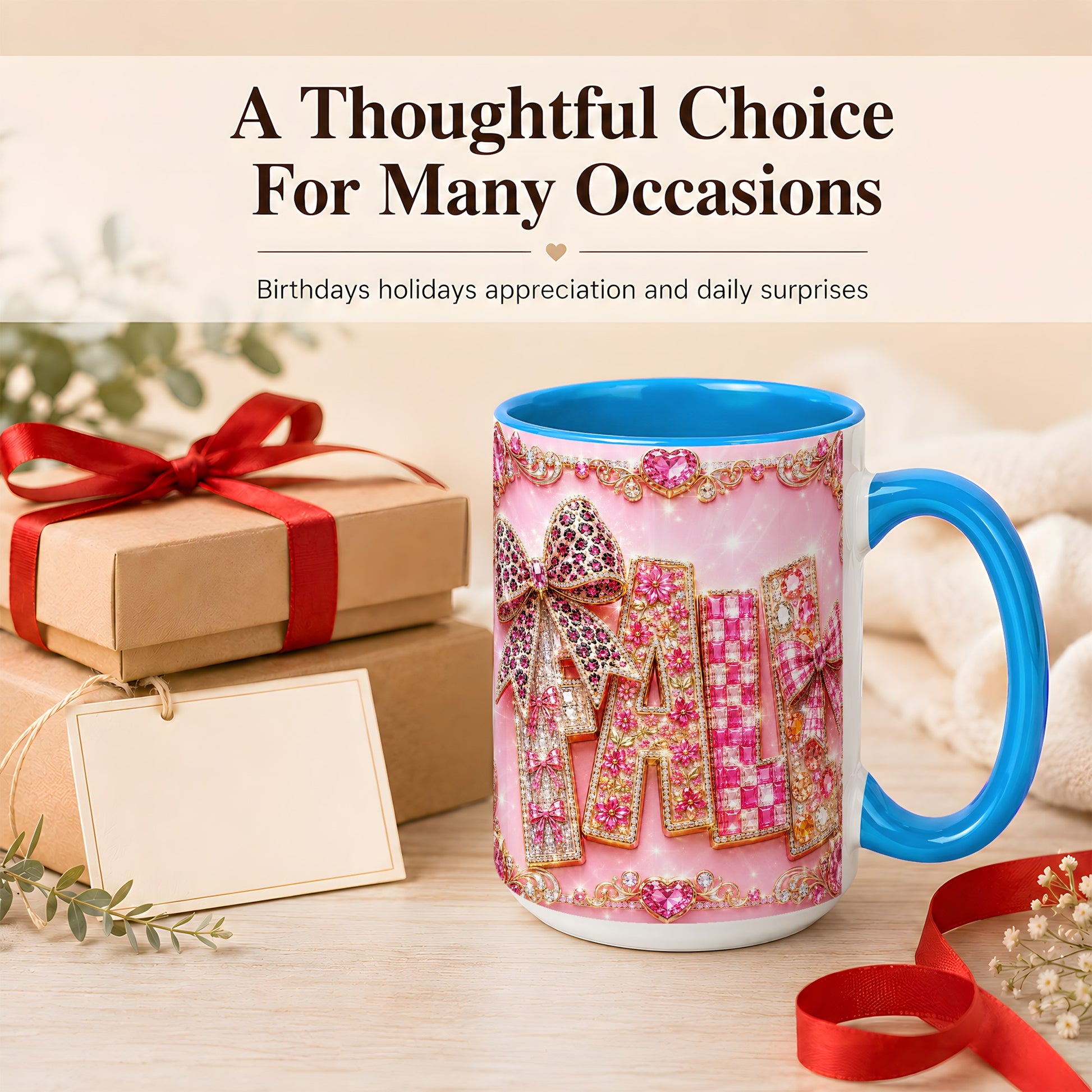 #pl[15oz|Blue] Pink Gemstone Fall Coffee Mug, Bow Autumn Mug, Ceramic Cup