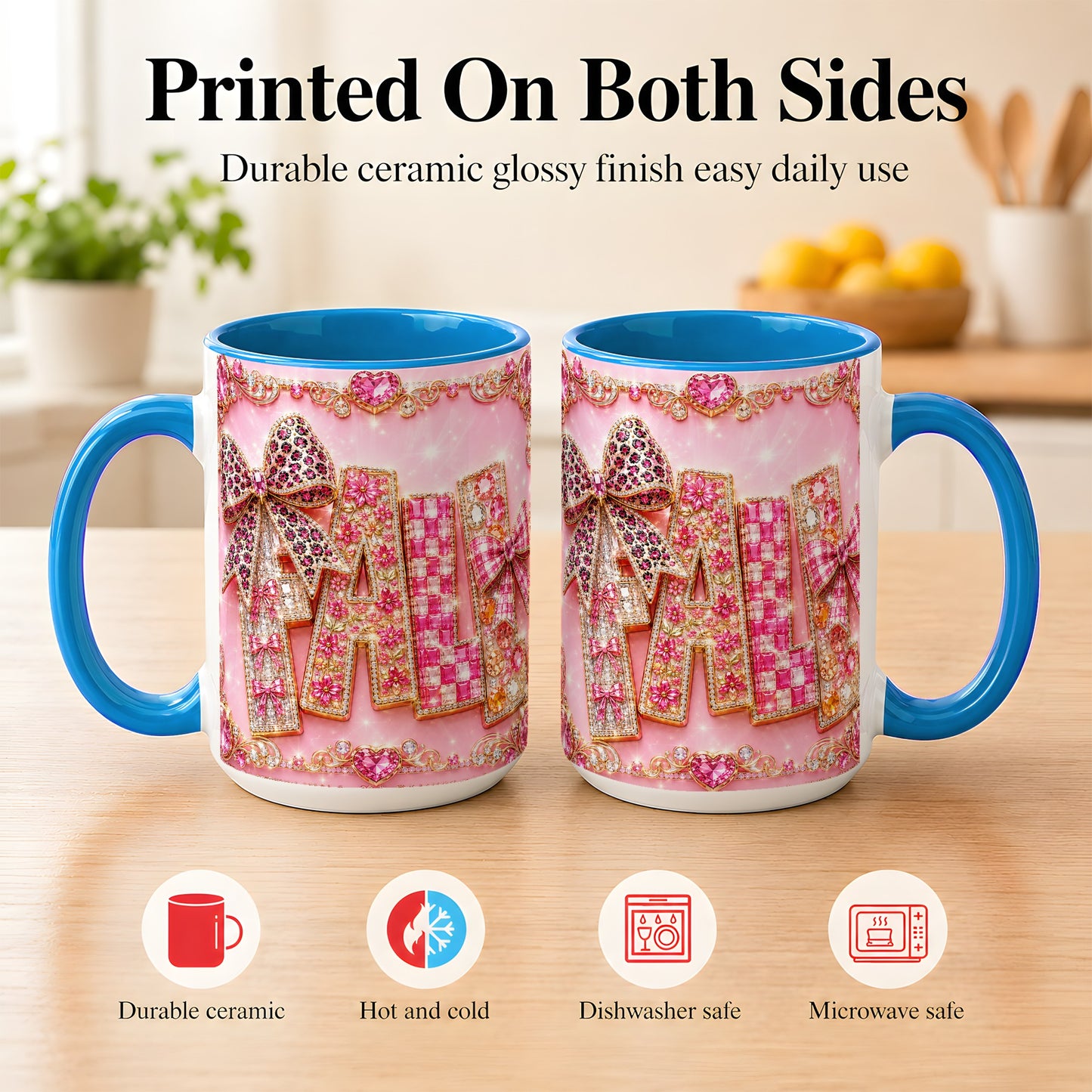 #pl[15oz|Blue] Pink Gemstone Fall Coffee Mug, Bow Autumn Mug, Ceramic Cup