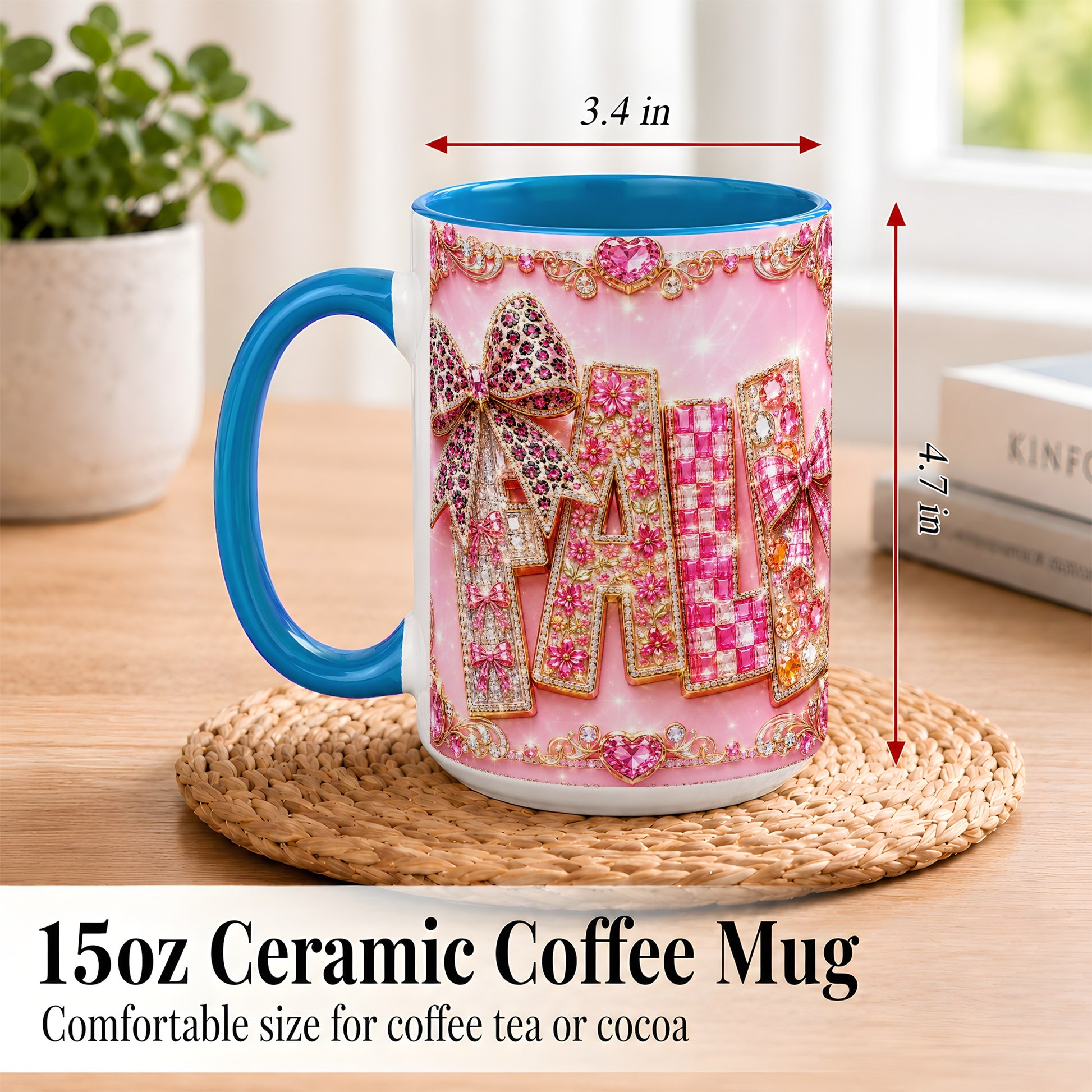 #pl[15oz|Blue] Pink Gemstone Fall Coffee Mug, Bow Autumn Mug, Ceramic Cup