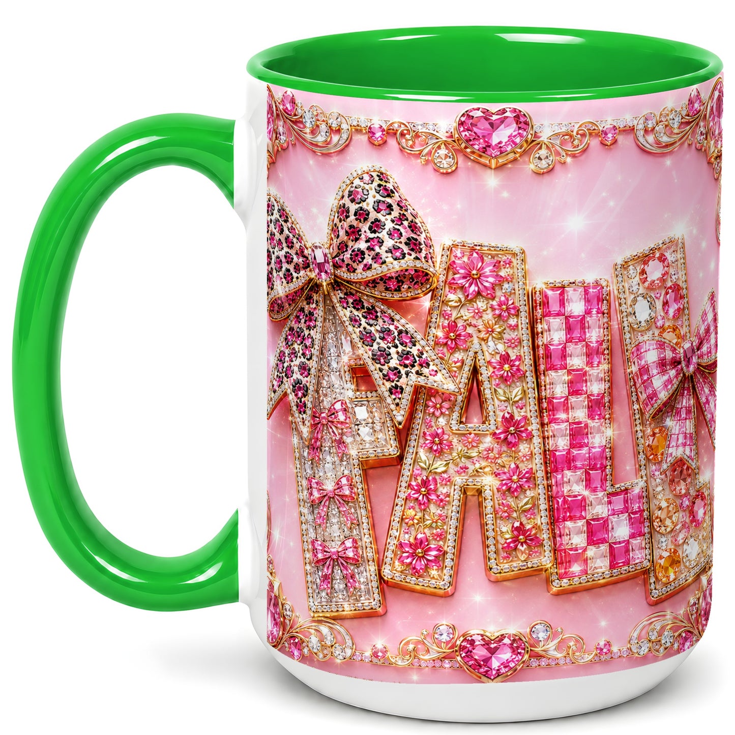 #pl[15oz|Green] Pink Gemstone Fall Coffee Mug, Bow Autumn Mug, Ceramic Cup