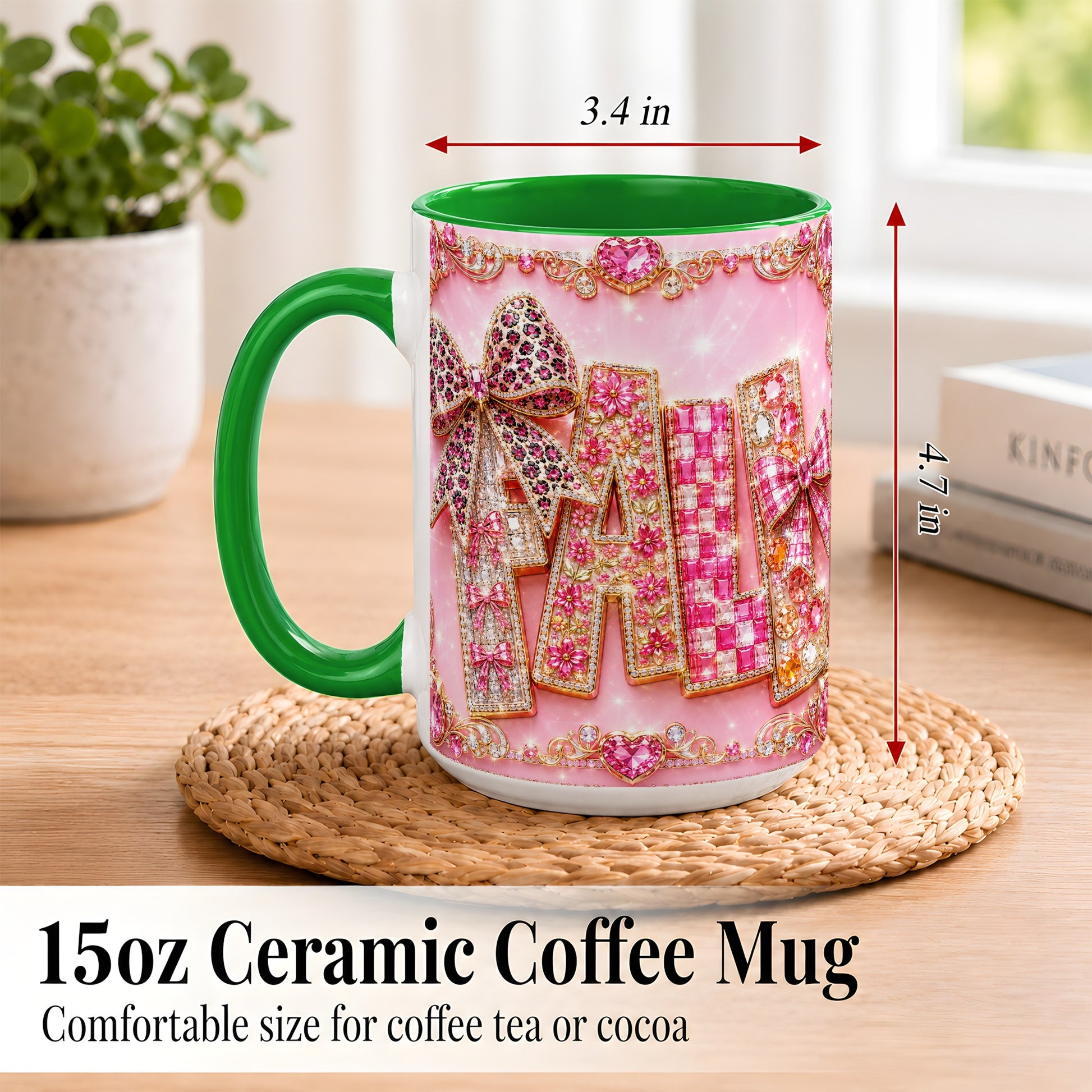 #pl[15oz|Green] Pink Gemstone Fall Coffee Mug, Bow Autumn Mug, Ceramic Cup