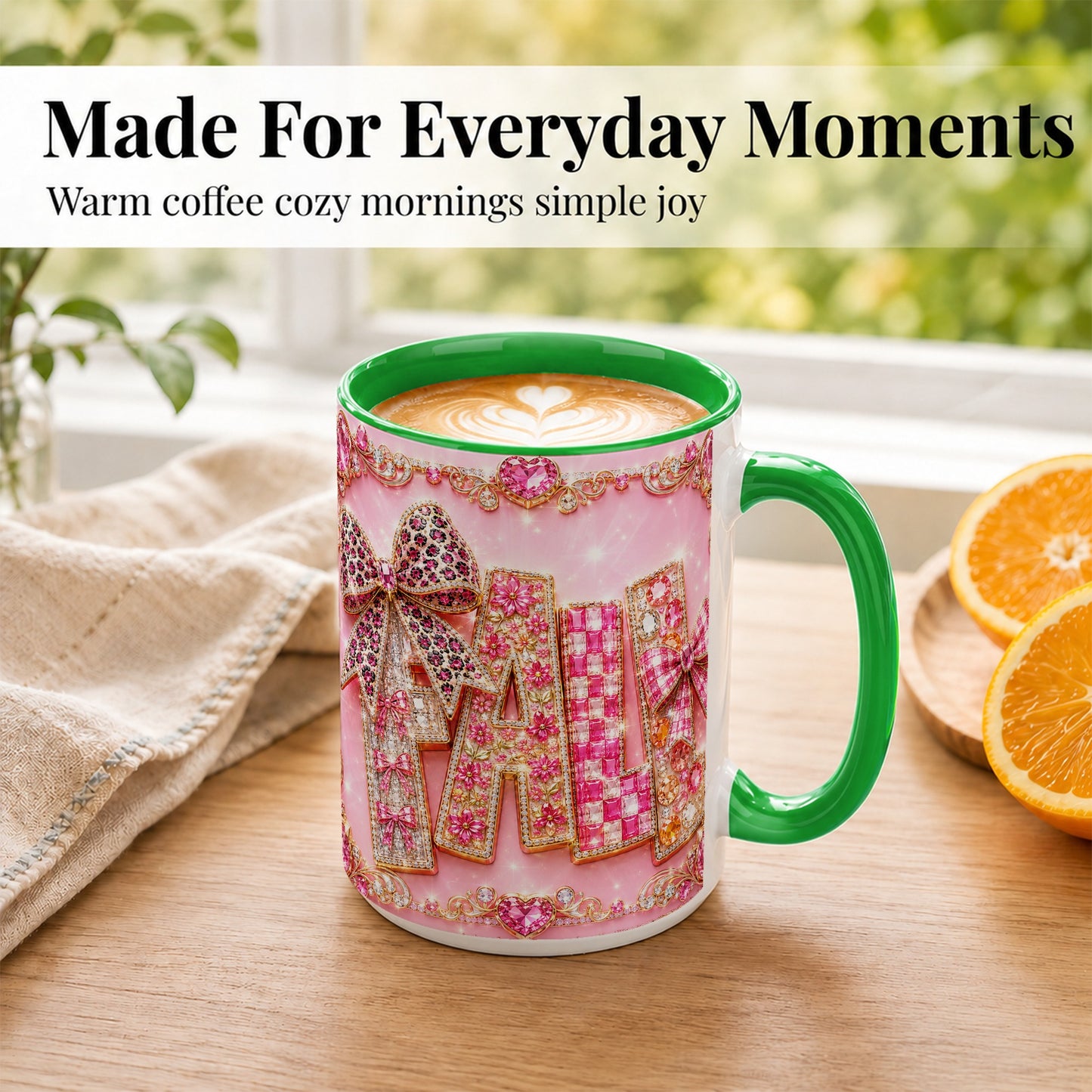 #pl[15oz|Green] Pink Gemstone Fall Coffee Mug, Bow Autumn Mug, Ceramic Cup