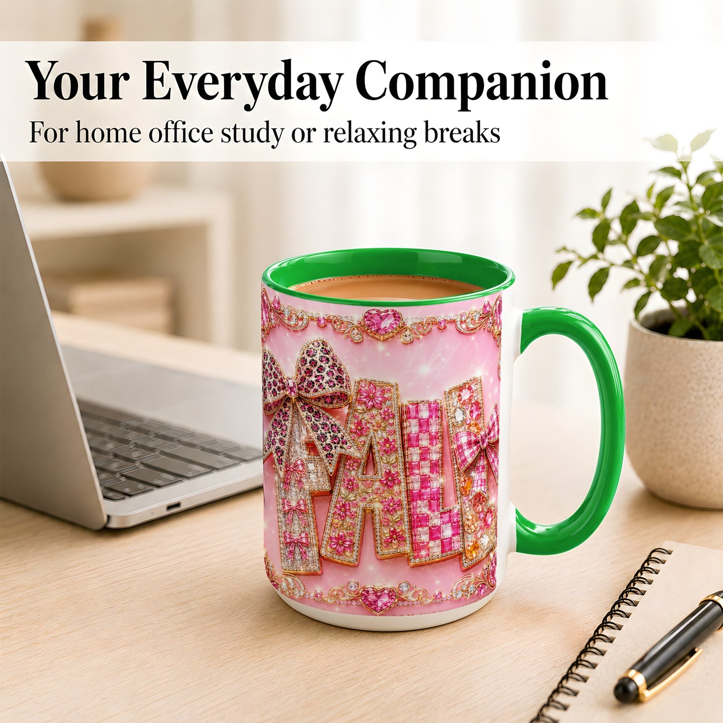 #pl[15oz|Green] Pink Gemstone Fall Coffee Mug, Bow Autumn Mug, Ceramic Cup