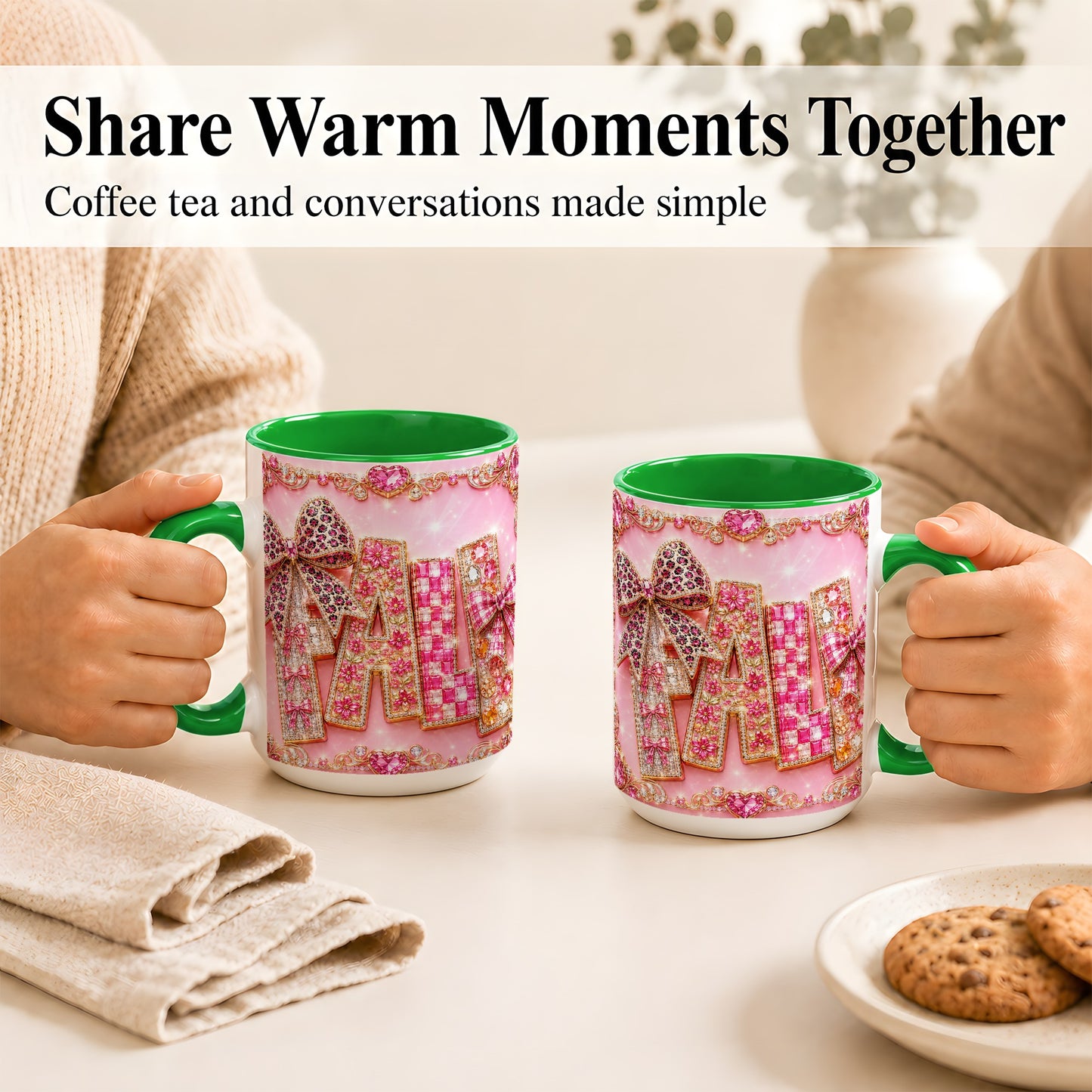 #pl[15oz|Green] Pink Gemstone Fall Coffee Mug, Bow Autumn Mug, Ceramic Cup
