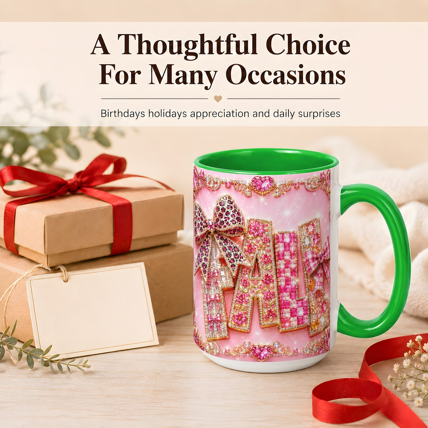 #pl[15oz|Green] Pink Gemstone Fall Coffee Mug, Bow Autumn Mug, Ceramic Cup