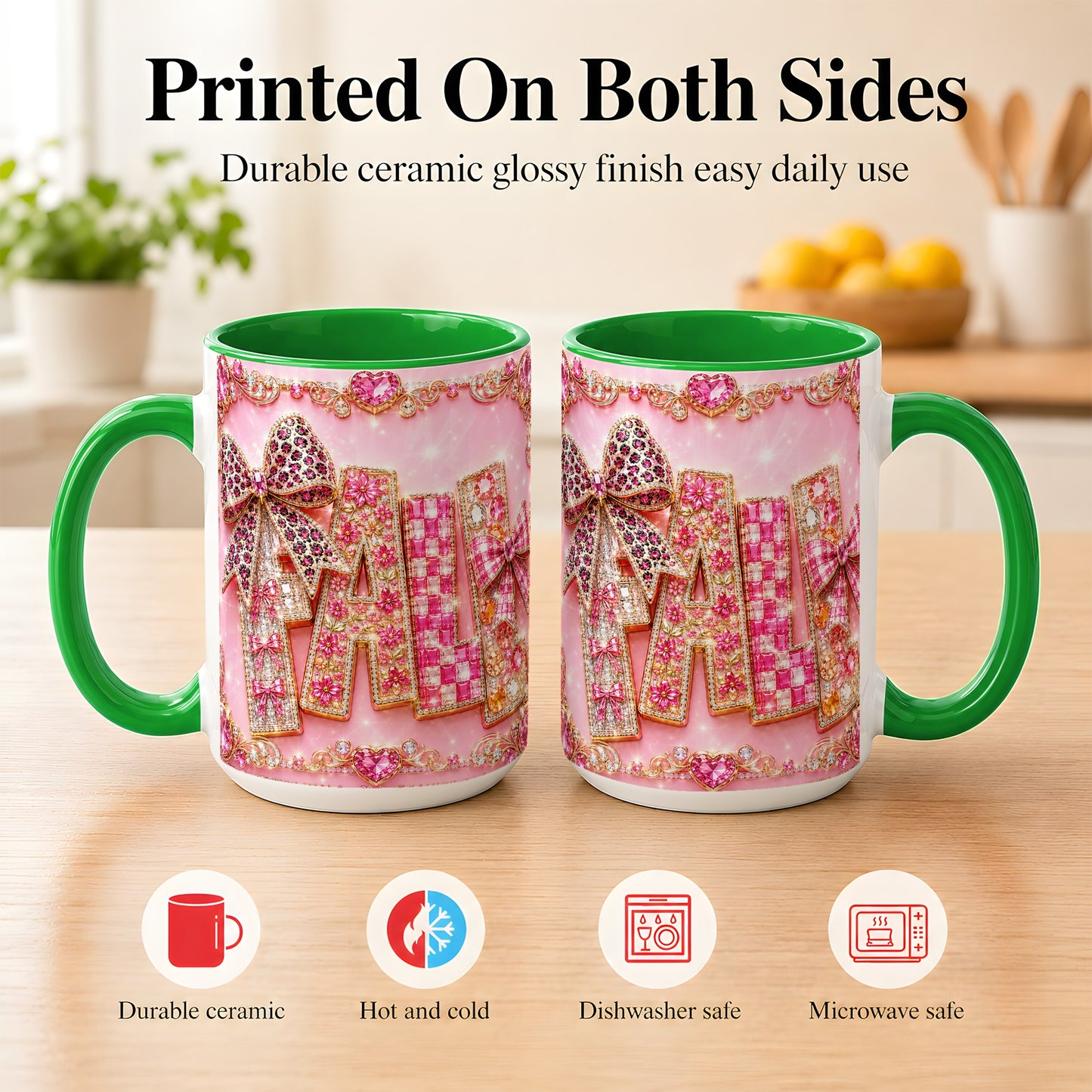 #pl[15oz|Green] Pink Gemstone Fall Coffee Mug, Bow Autumn Mug, Ceramic Cup