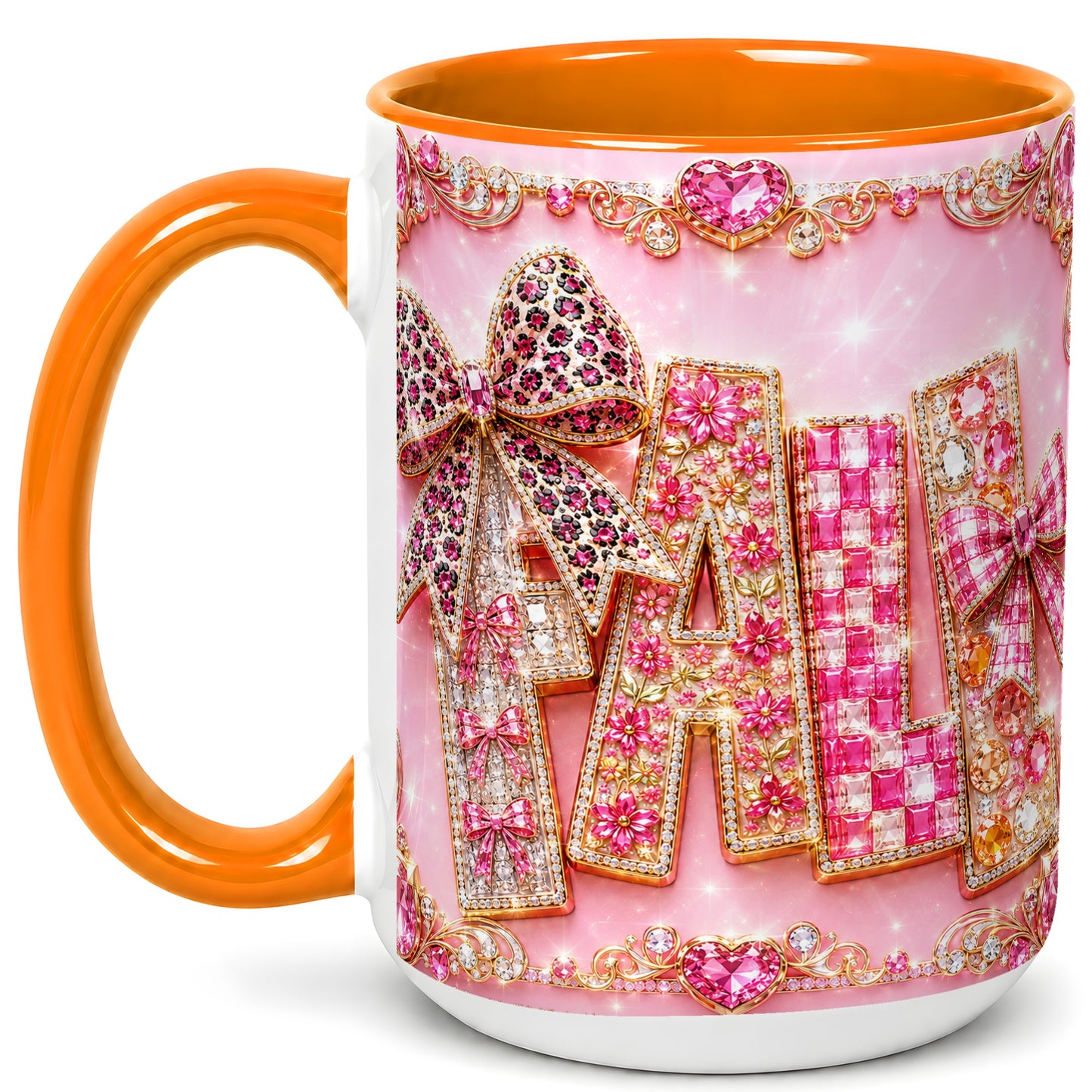 #pl[15oz|Orange] Pink Gemstone Fall Coffee Mug, Bow Autumn Mug, Ceramic Cup
