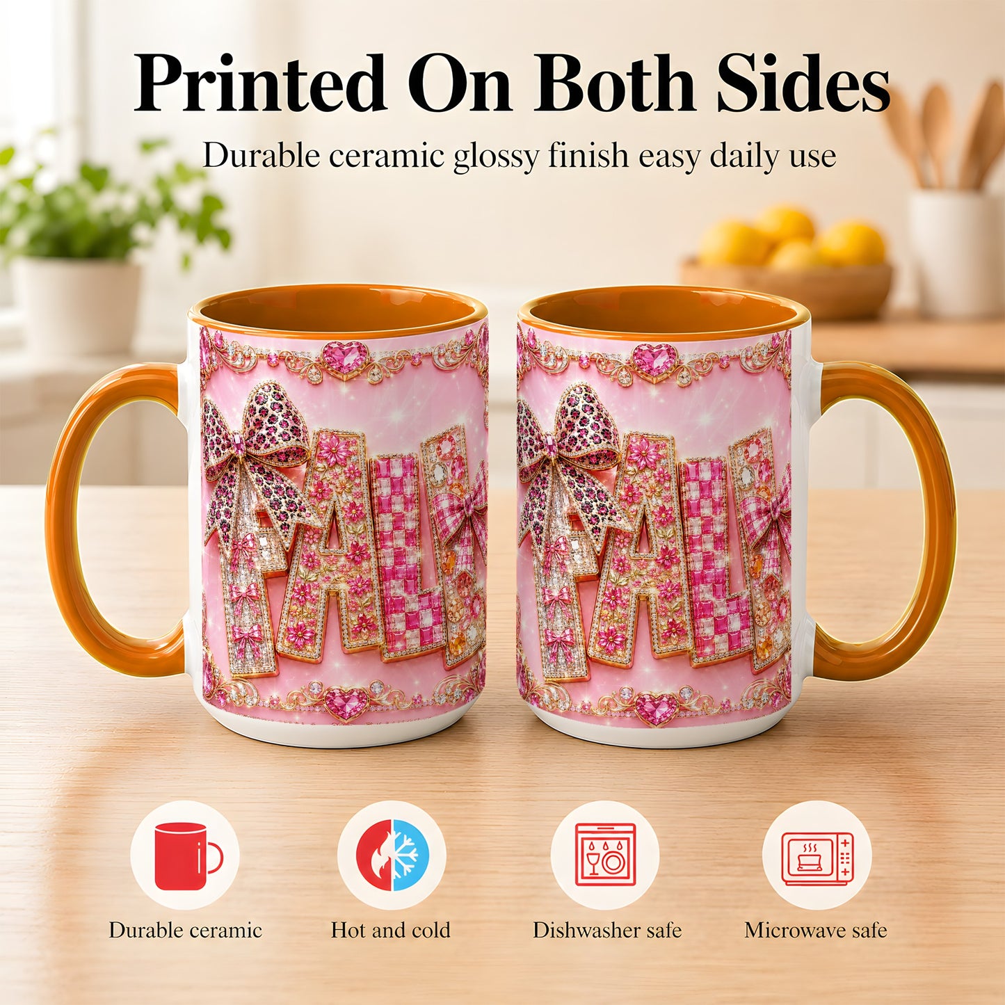 #pl[15oz|Orange] Pink Gemstone Fall Coffee Mug, Bow Autumn Mug, Ceramic Cup