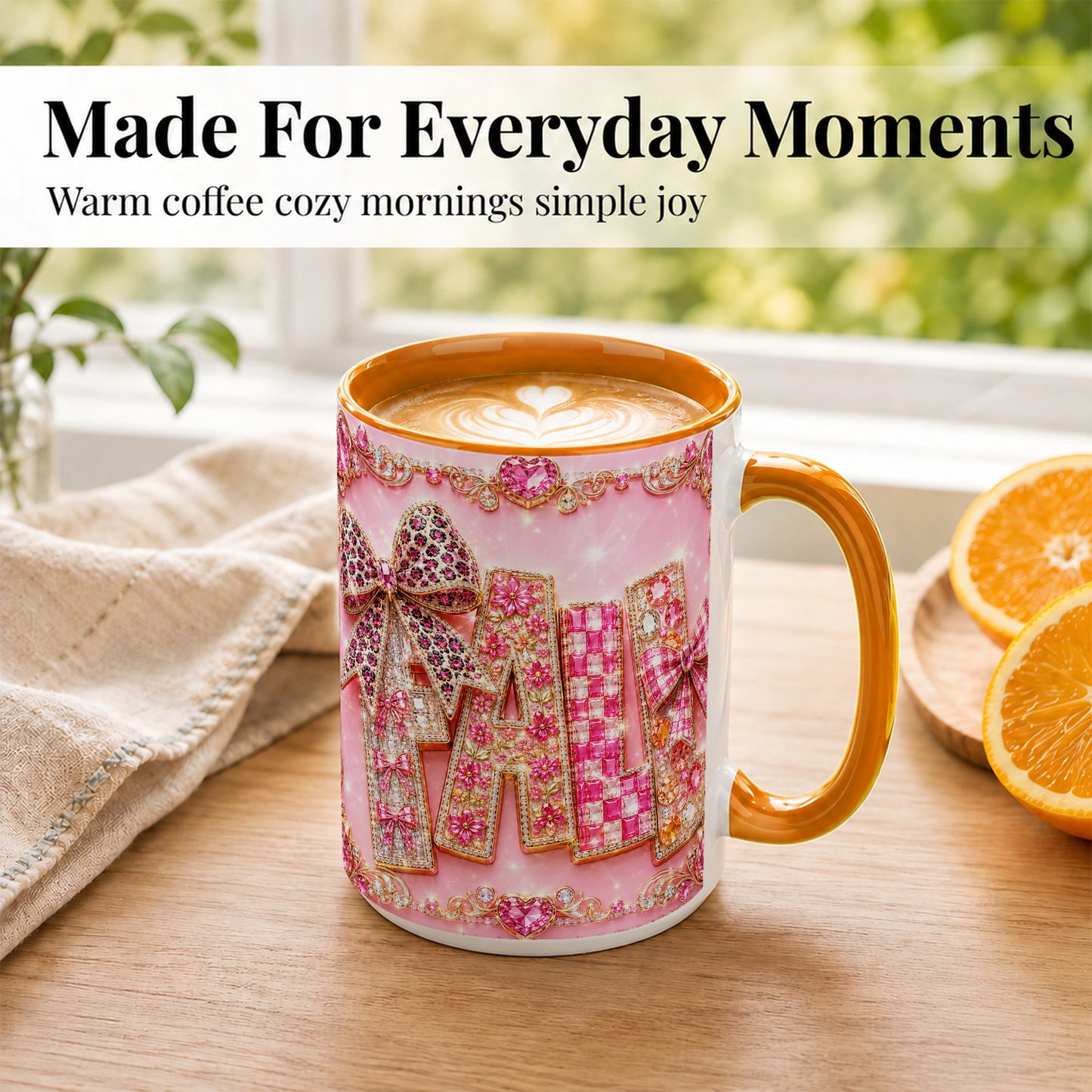 #pl[15oz|Orange] Pink Gemstone Fall Coffee Mug, Bow Autumn Mug, Ceramic Cup