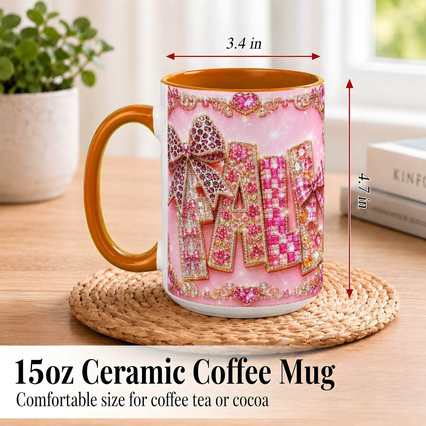 #pl[15oz|Orange] Pink Gemstone Fall Coffee Mug, Bow Autumn Mug, Ceramic Cup