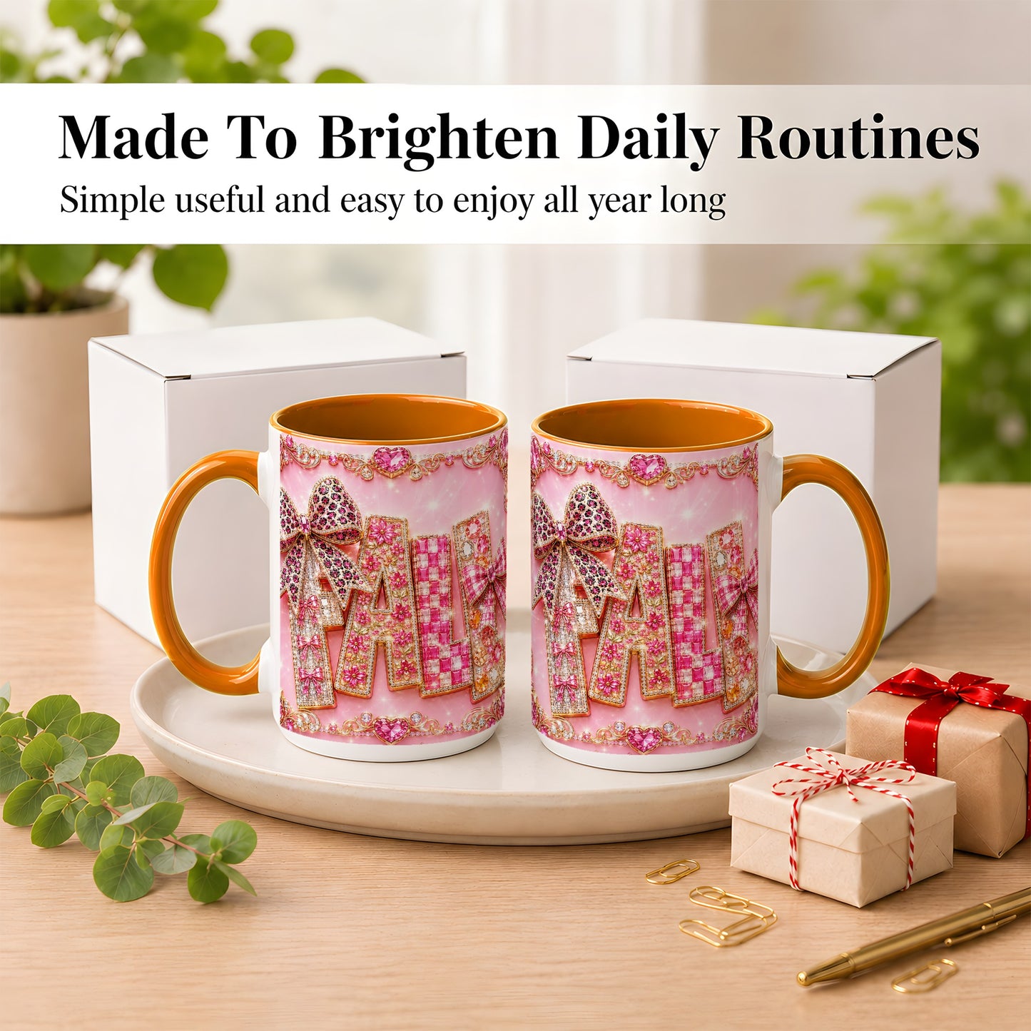 #pl[15oz|Orange] Pink Gemstone Fall Coffee Mug, Bow Autumn Mug, Ceramic Cup