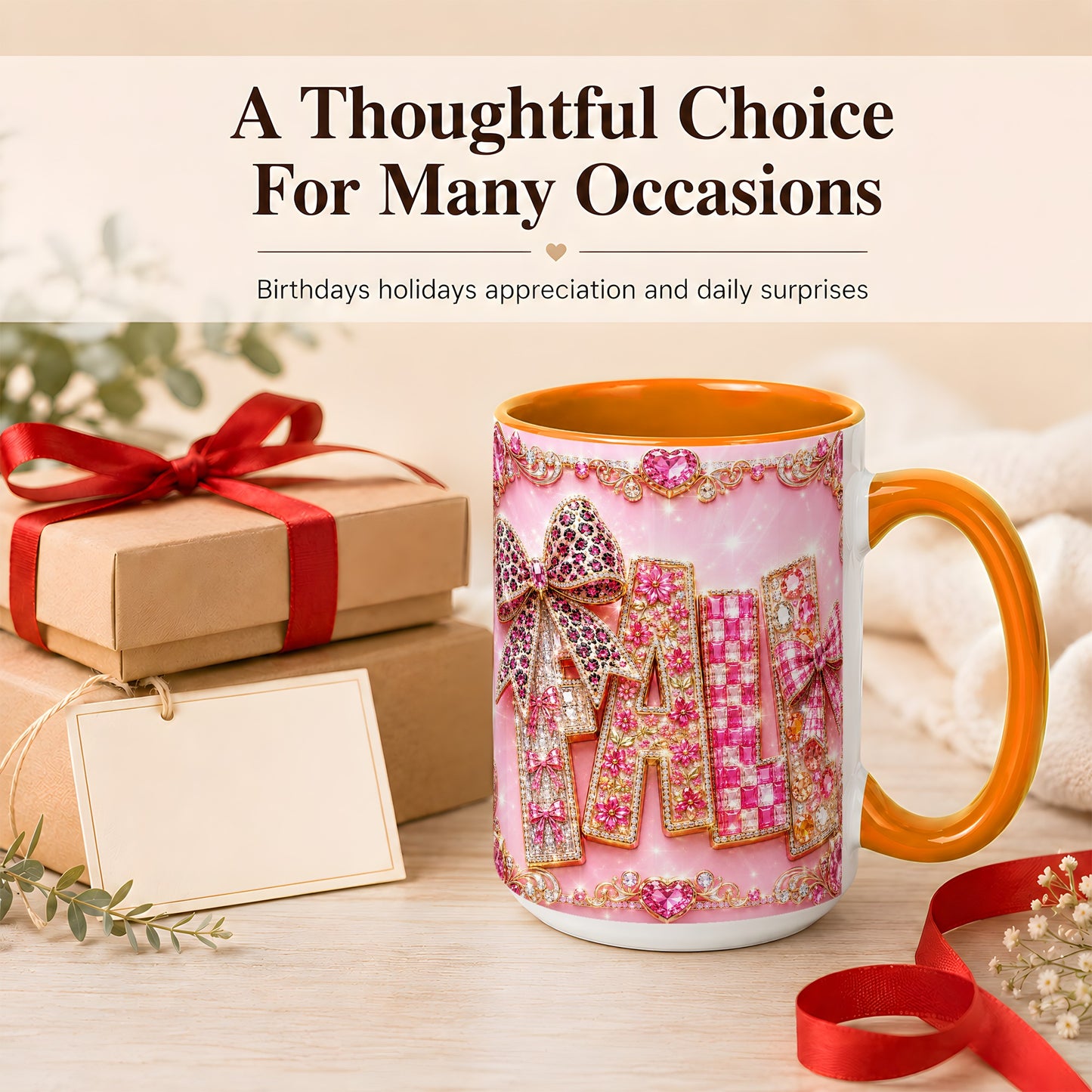 #pl[15oz|Orange] Pink Gemstone Fall Coffee Mug, Bow Autumn Mug, Ceramic Cup