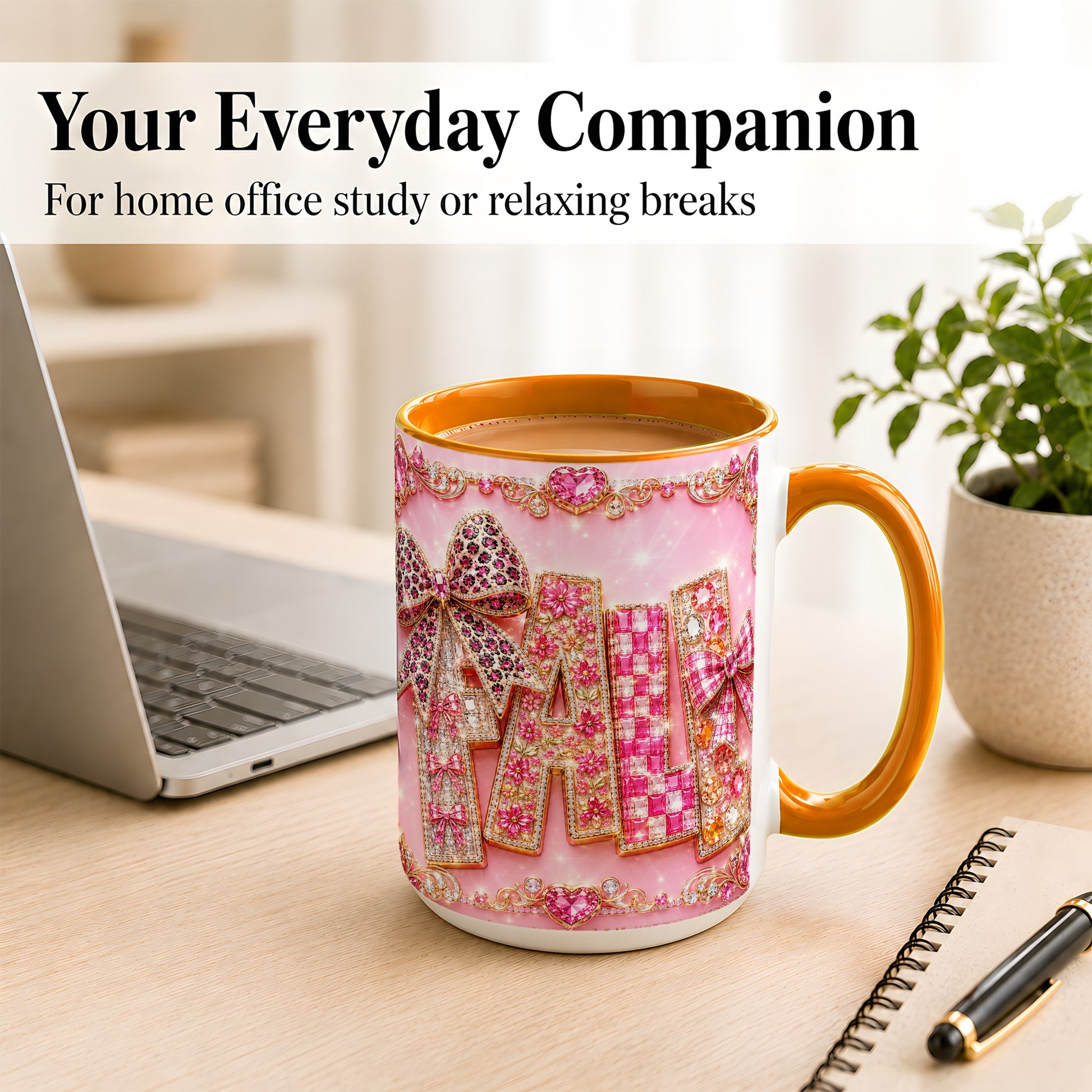 #pl[15oz|Orange] Pink Gemstone Fall Coffee Mug, Bow Autumn Mug, Ceramic Cup