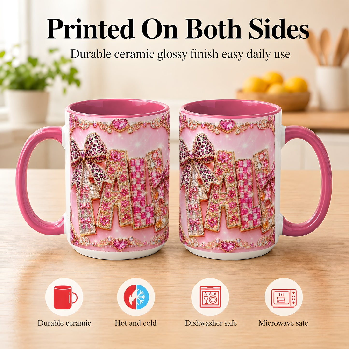 #pl[15oz|Pink] Pink Gemstone Fall Coffee Mug, Bow Autumn Mug, Ceramic Cup