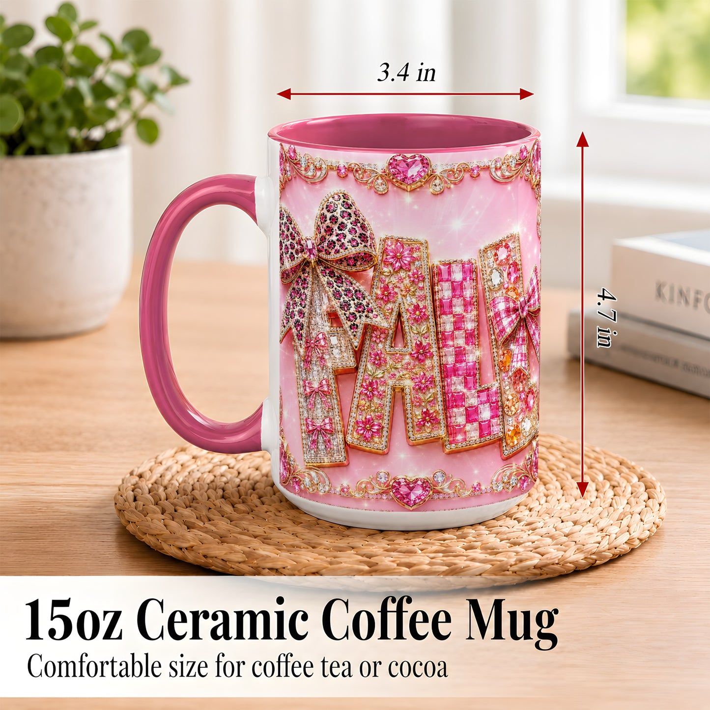 #pl[15oz|Pink] Pink Gemstone Fall Coffee Mug, Bow Autumn Mug, Ceramic Cup