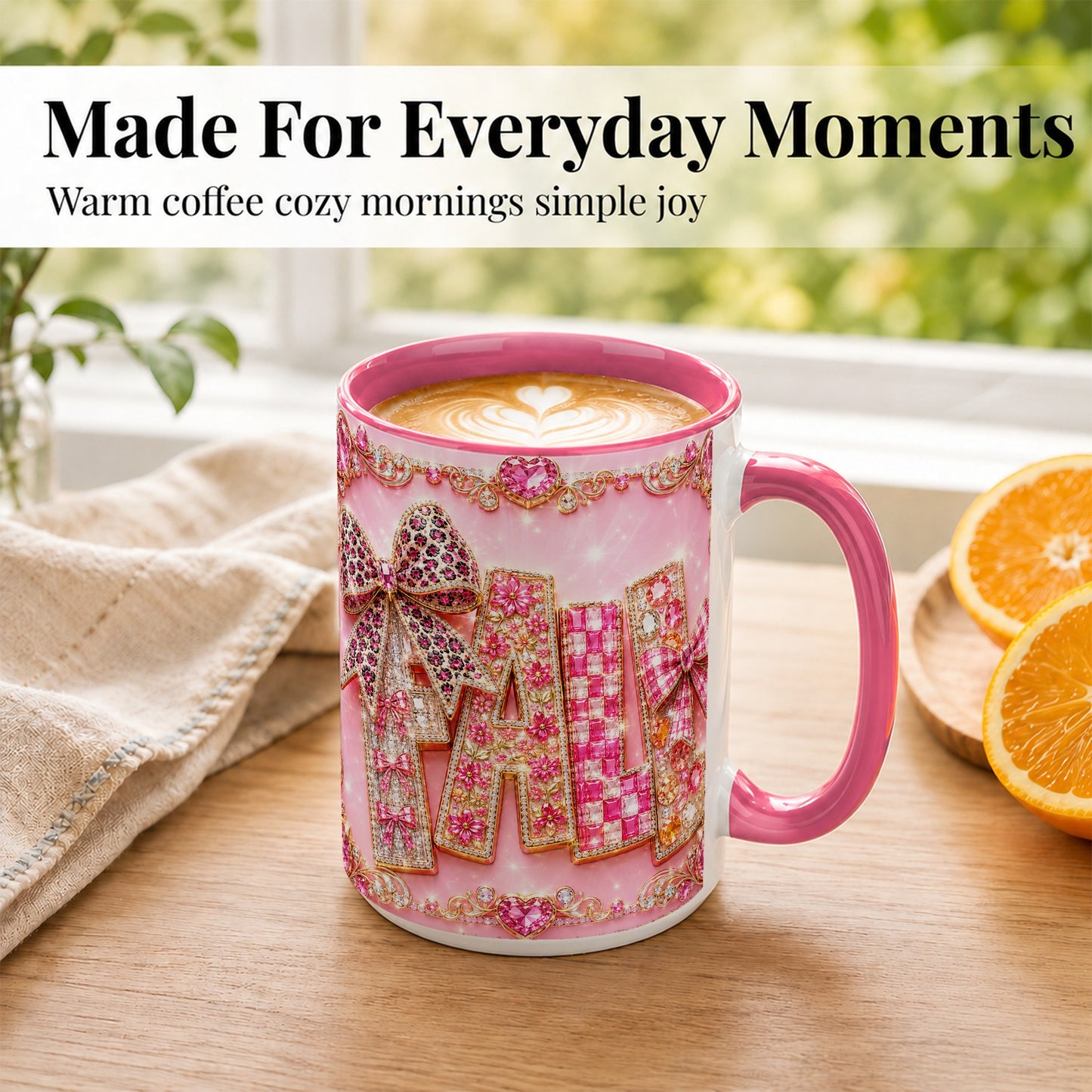 #pl[15oz|Pink] Pink Gemstone Fall Coffee Mug, Bow Autumn Mug, Ceramic Cup