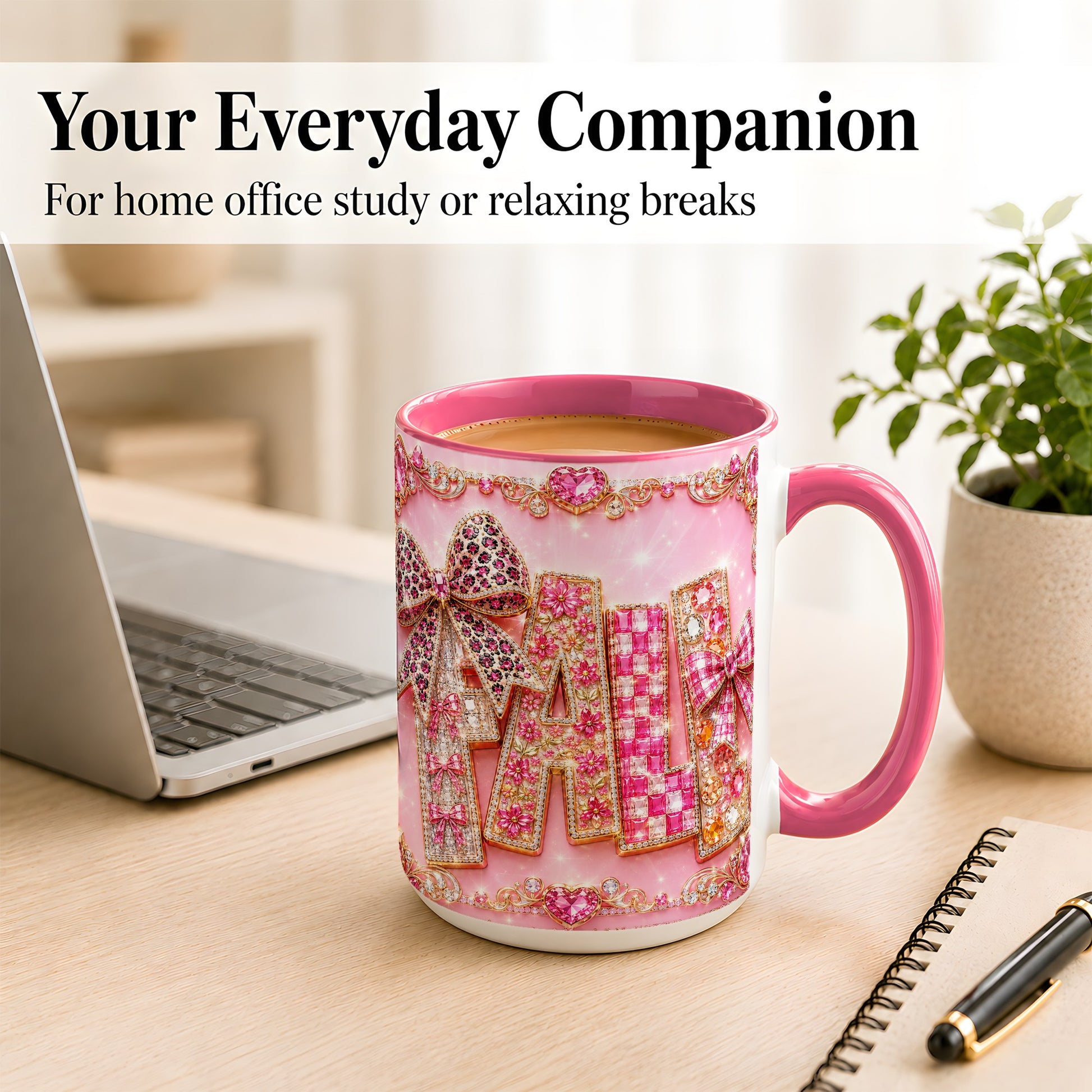 #pl[15oz|Pink] Pink Gemstone Fall Coffee Mug, Bow Autumn Mug, Ceramic Cup