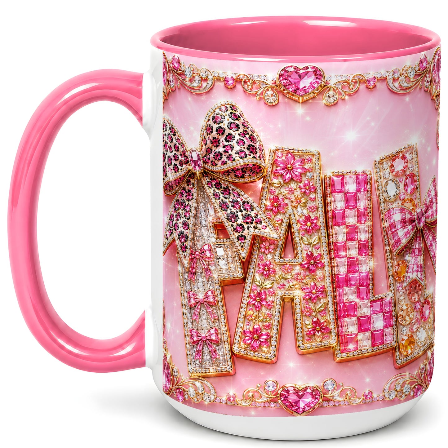 #pl[15oz|Pink] Pink Gemstone Fall Coffee Mug, Bow Autumn Mug, Ceramic Cup