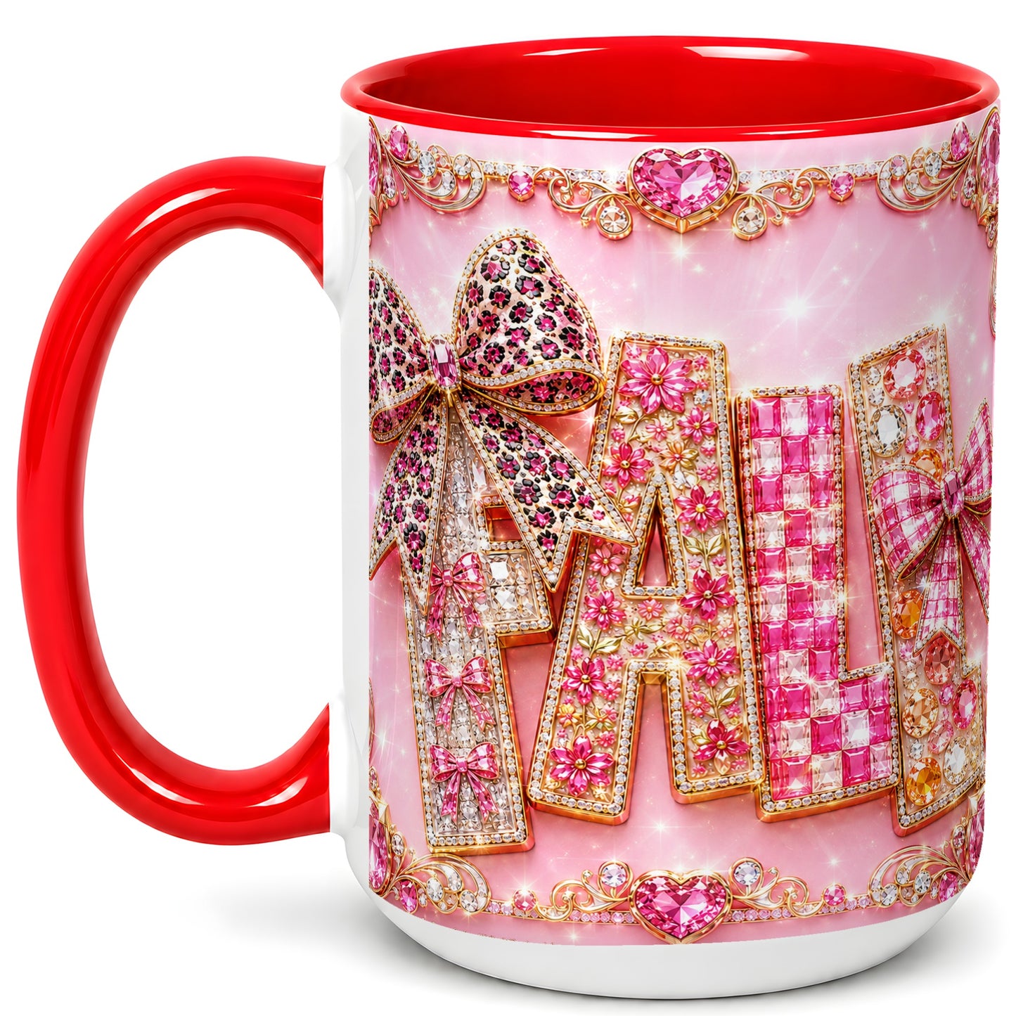 #pl[15oz|Red] Pink Gemstone Fall Coffee Mug, Bow Autumn Mug, Ceramic Cup