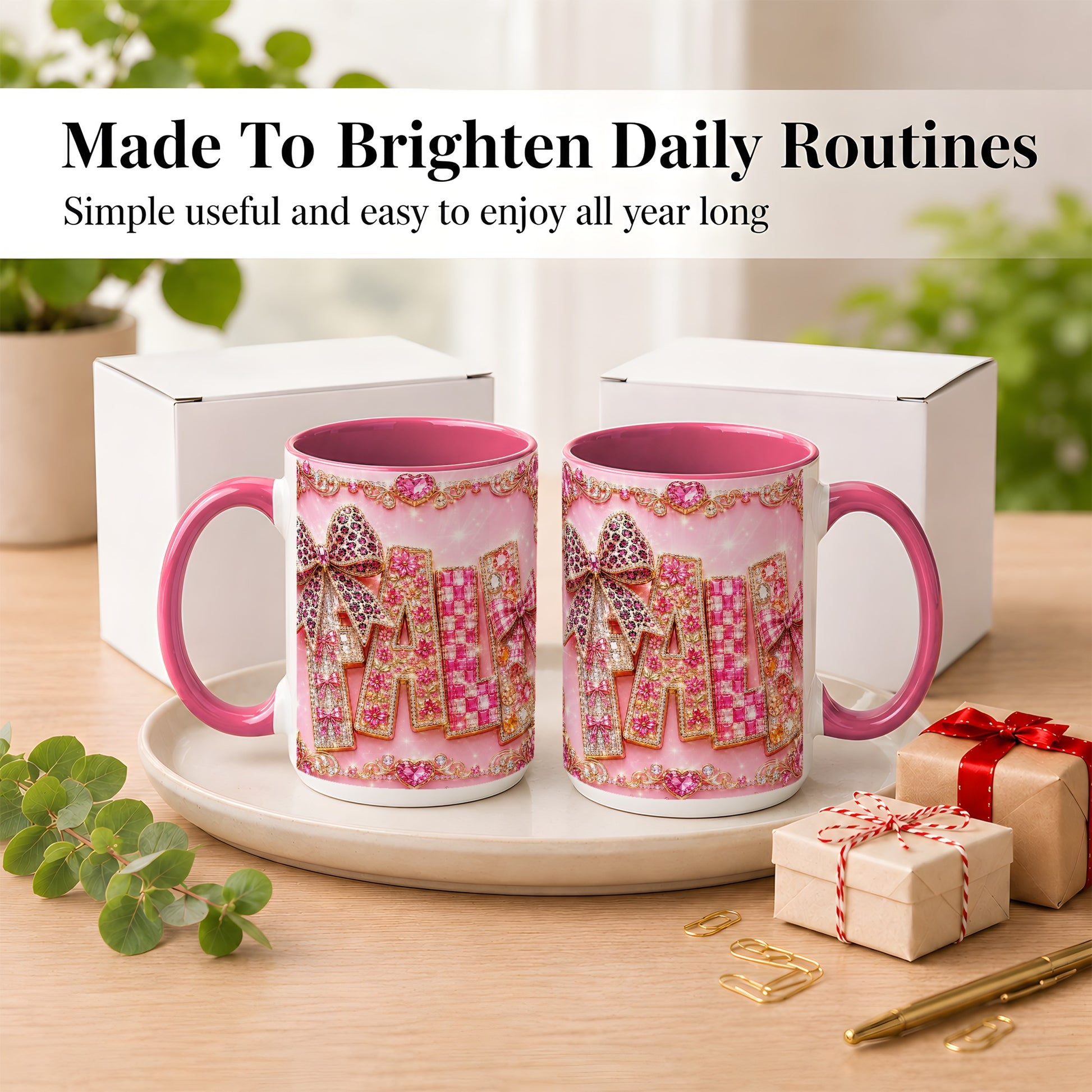 #pl[15oz|Pink] Pink Gemstone Fall Coffee Mug, Bow Autumn Mug, Ceramic Cup