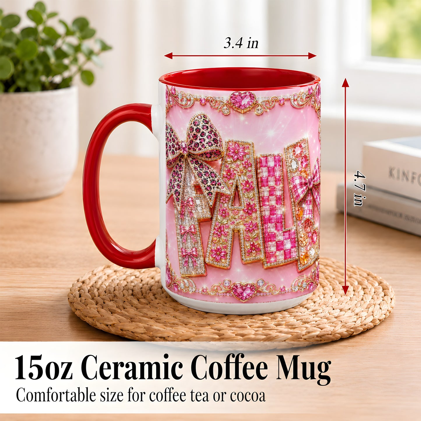 #pl[15oz|Red] Pink Gemstone Fall Coffee Mug, Bow Autumn Mug, Ceramic Cup